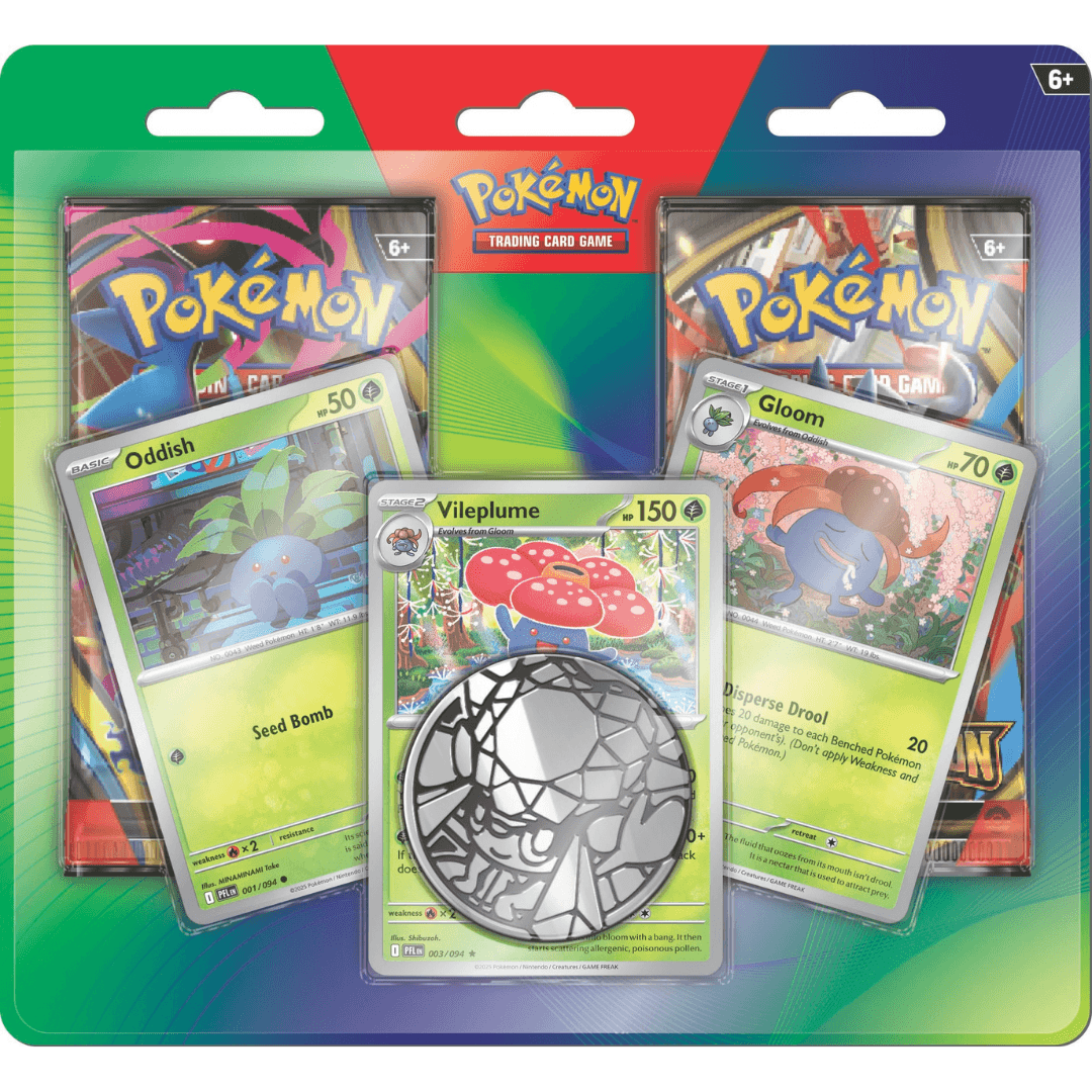 Pokémon Mega Evolution 2-Pack Blister featuring Oddish, Gloom, Vileplume and Pokémon Trading Card Game packs.