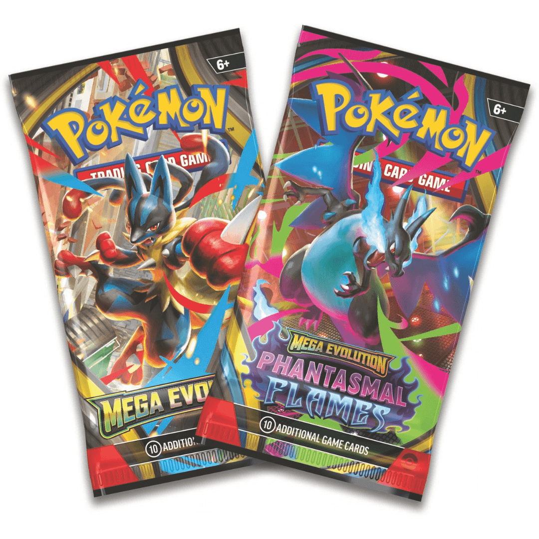 Pokémon Mega Evolution 2-Pack Blister featuring Mega Evolution and Phantasmal Flames booster packs.