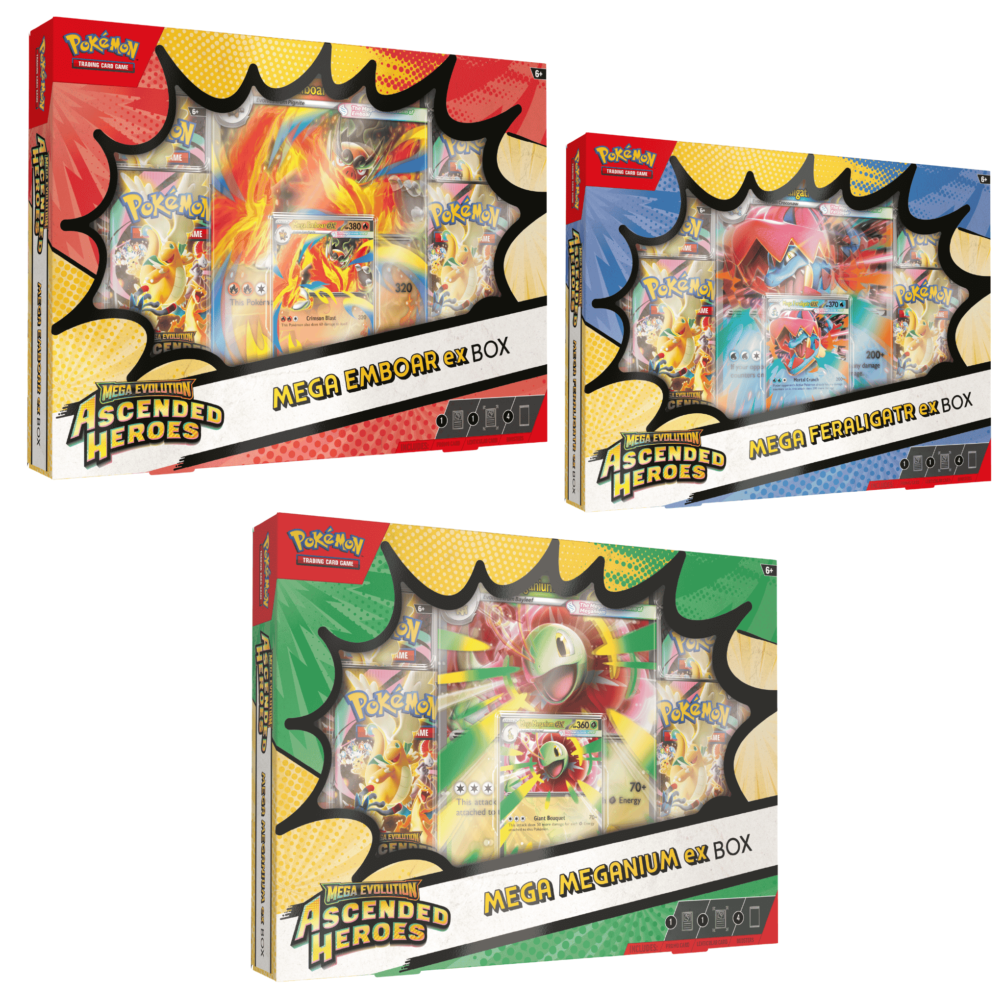 Pokemon Mega Evolution Ascended Heroes Mega Feraligatr, Meganium og Emboar ex Box