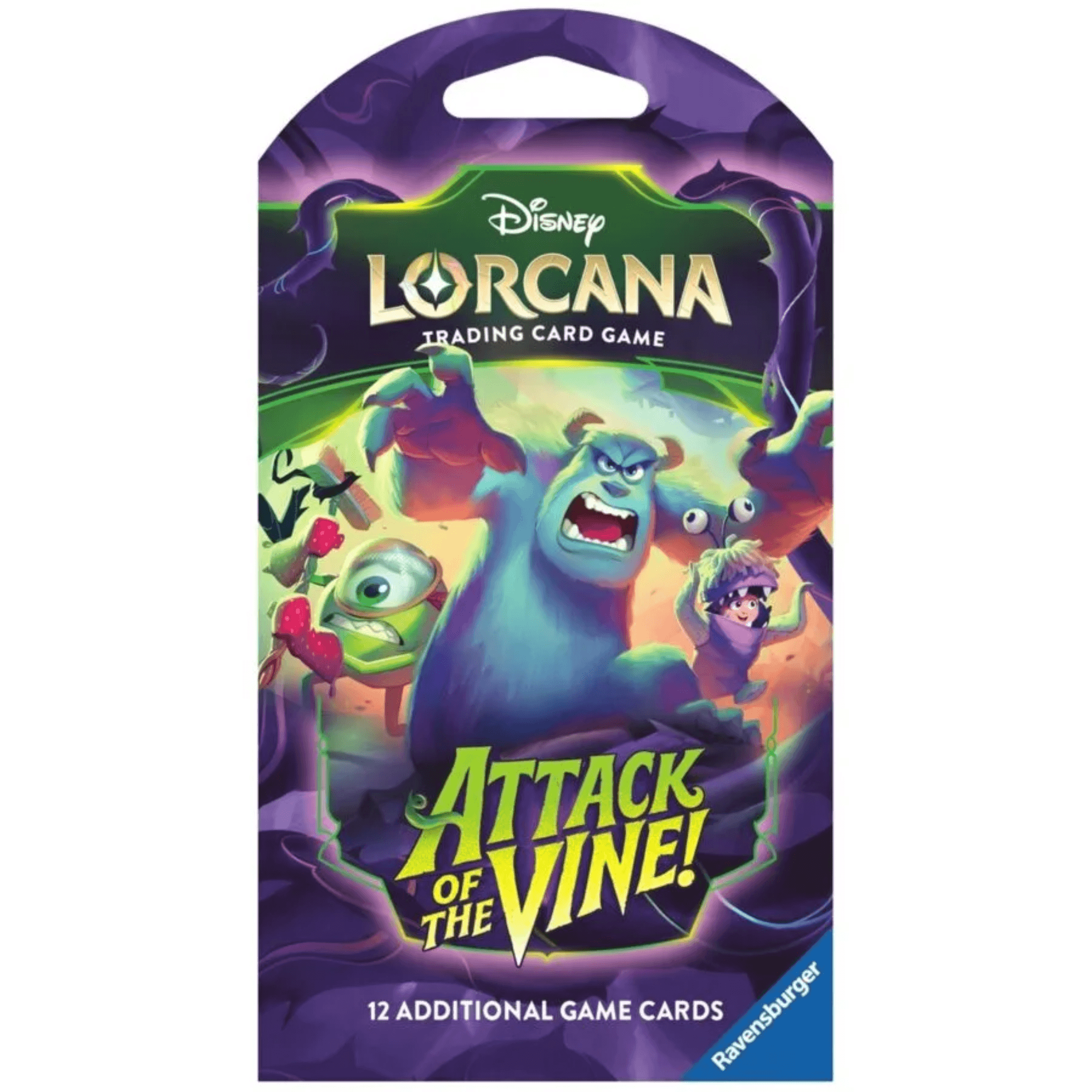 Disney Lorcana Attack of The Vine Sleeved Booster packaging featuring characters and game cards.