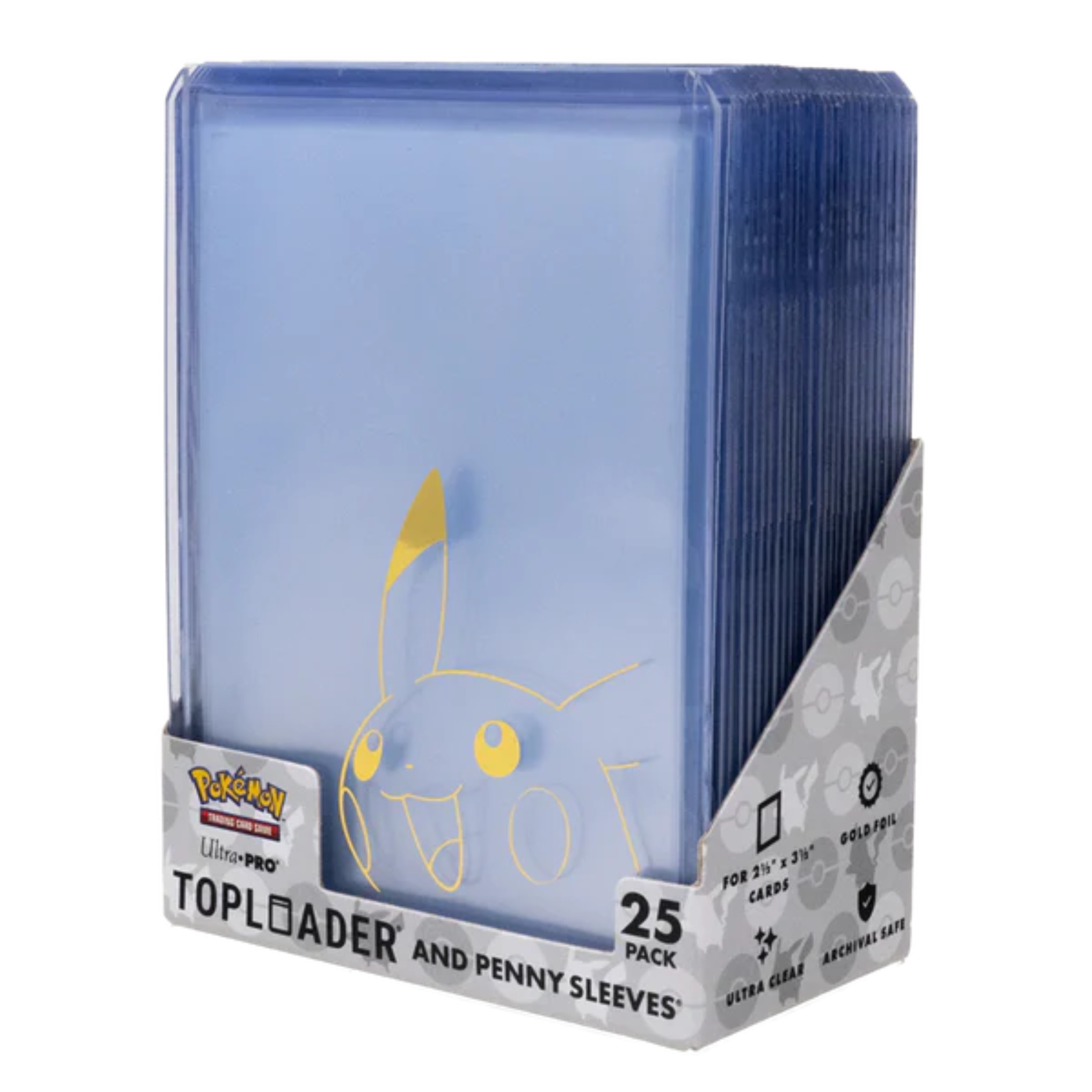 Pikachu top loader and penny sleeves in a 25 pack for protecting trading cards.