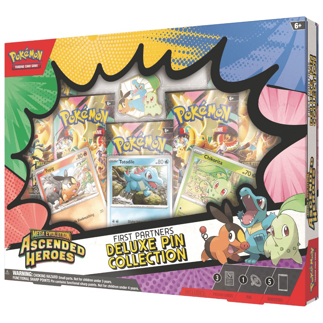 Pokemon: Ascended Heroes - First Partners Deluxe Pin Collection featuring starter Pokémon and collectible pins.