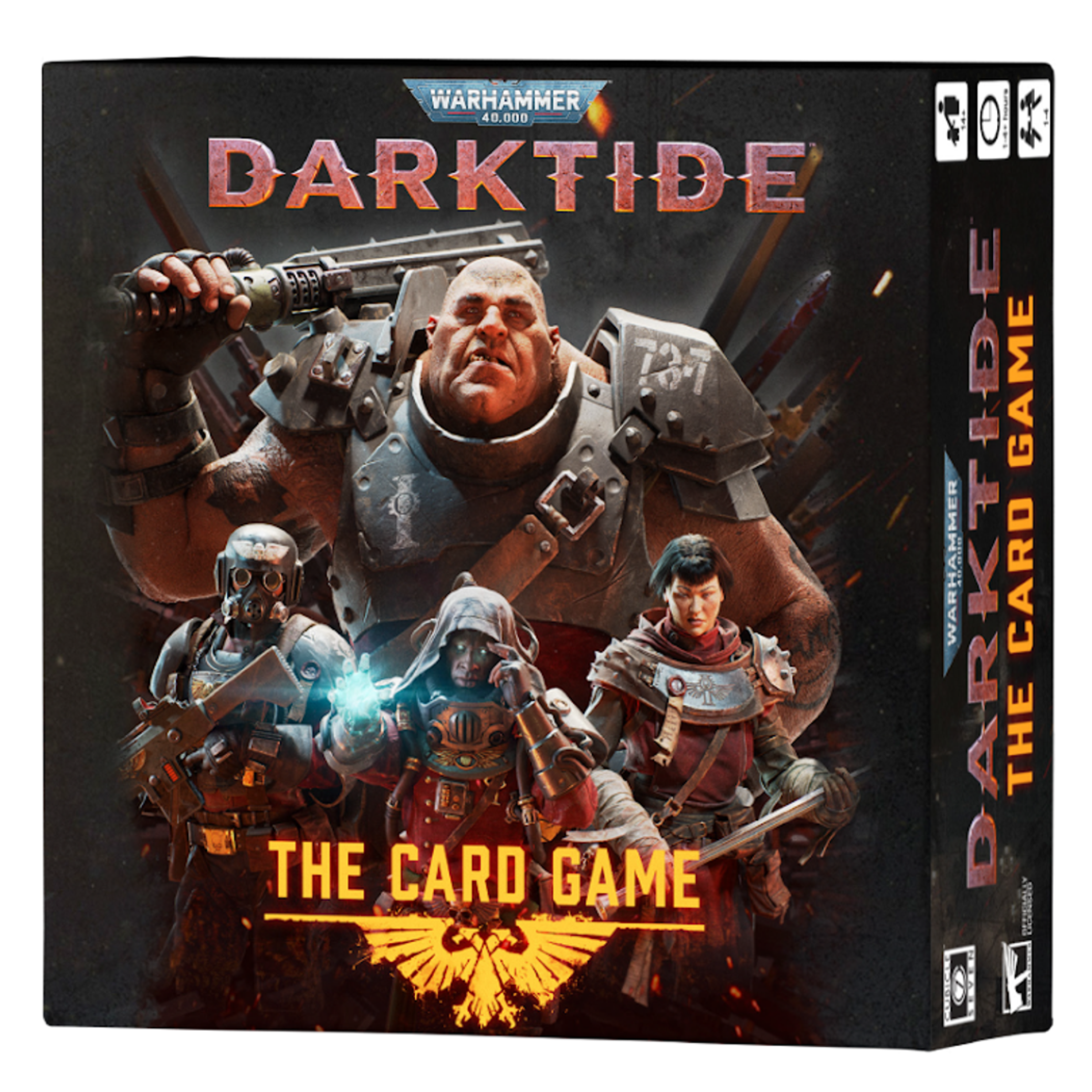 Warhammer 40000 Darktide card game box art featuring characters and logo.