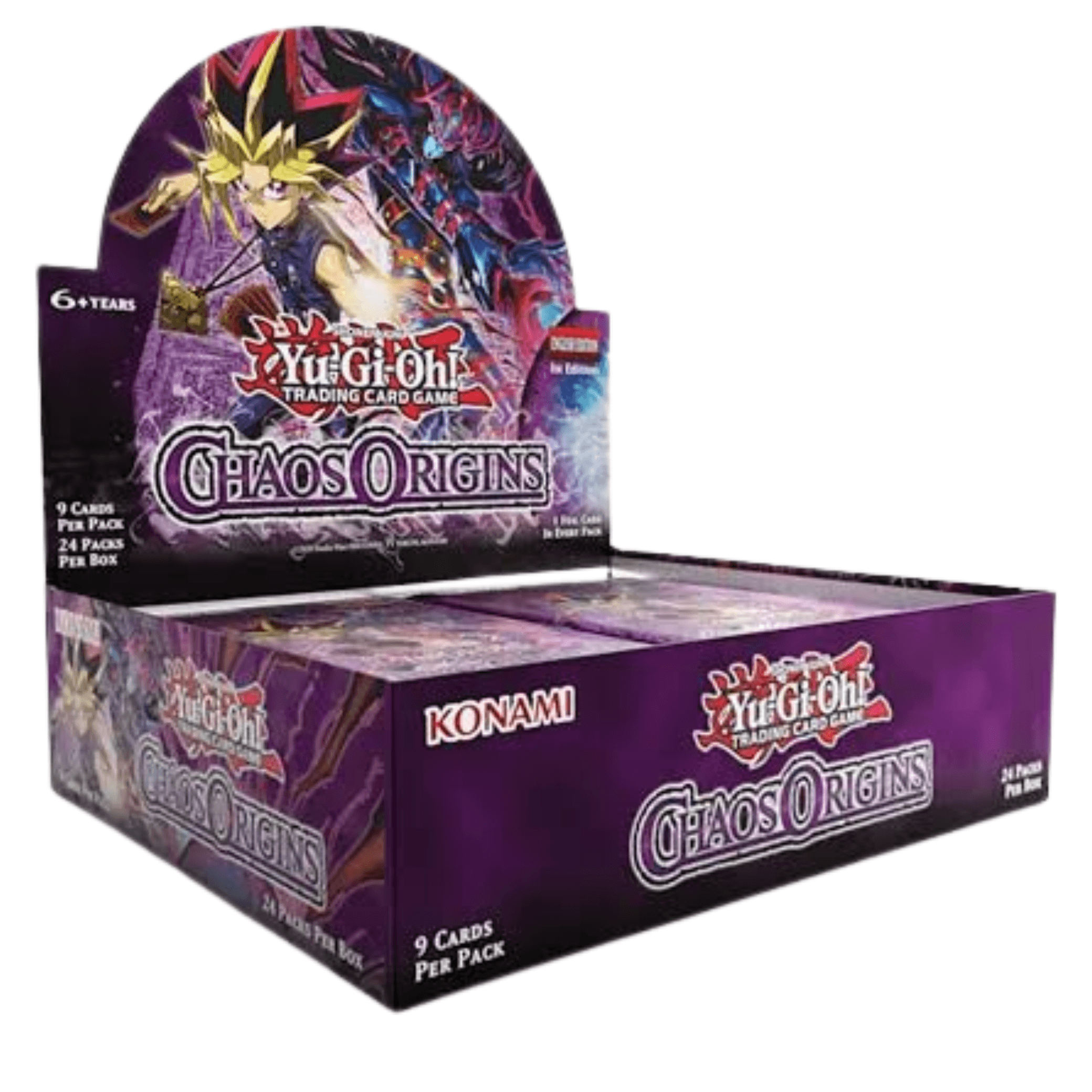 Yu-Gi-Oh! Chaos Origins booster display showing booster packs in a vibrant display box.