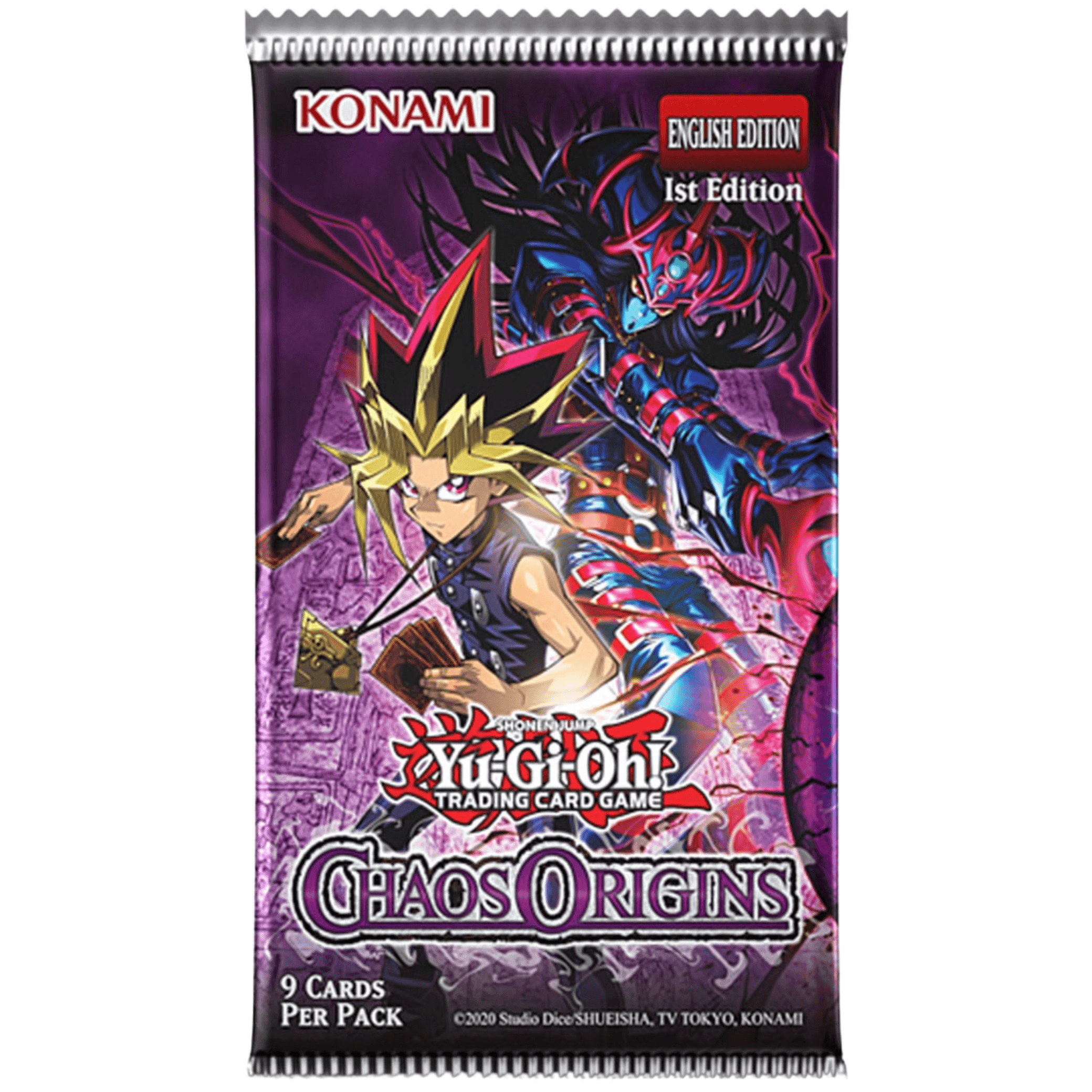 Yu-Gi-Oh! Chaos Origins booster pakke med 9 kort, 1st Edition, engelsk utgave fra Konami.