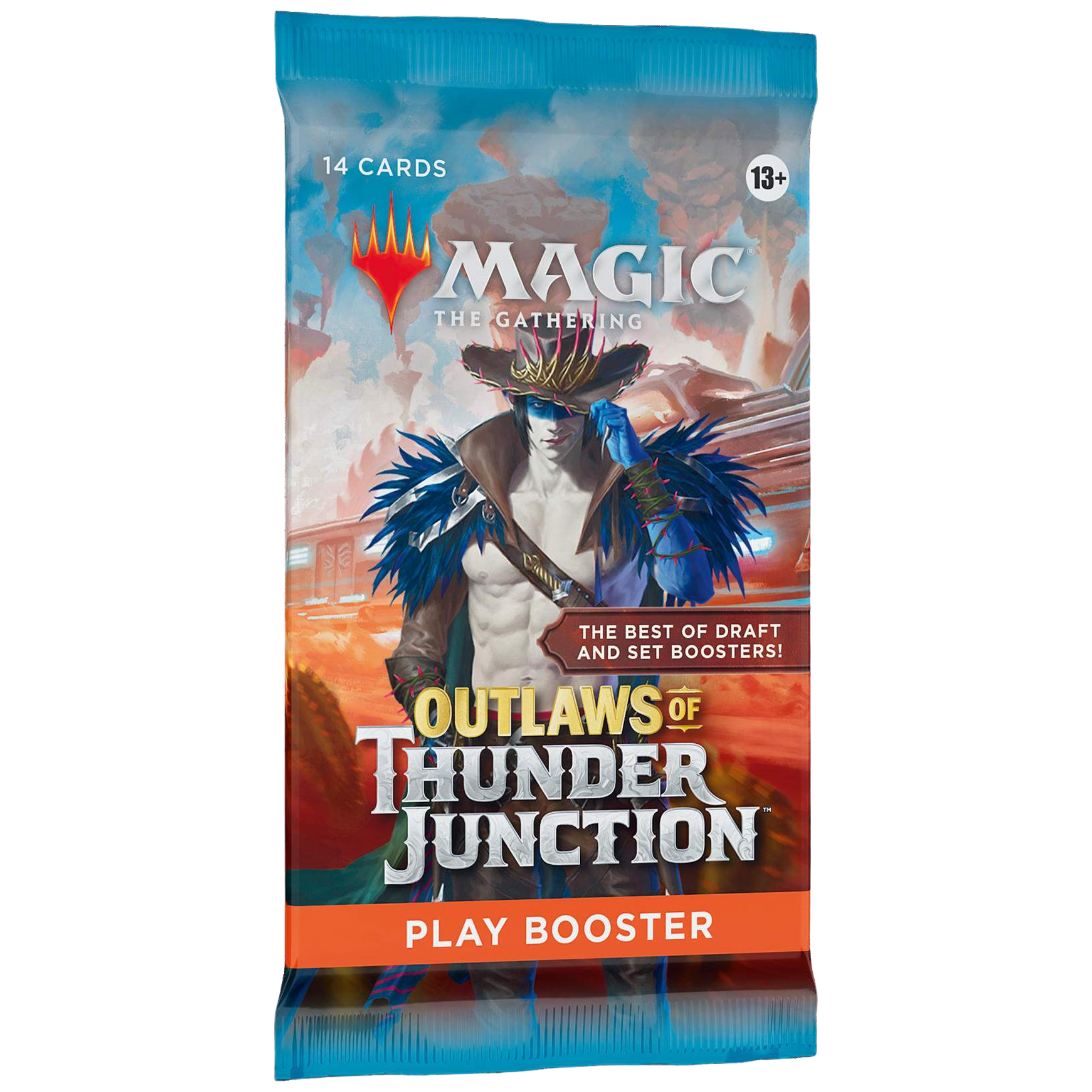 Magic The Gathering - Outlaws Of Thunder Junction Play Booster packaging featuring vibrant artwork and 14 cards.