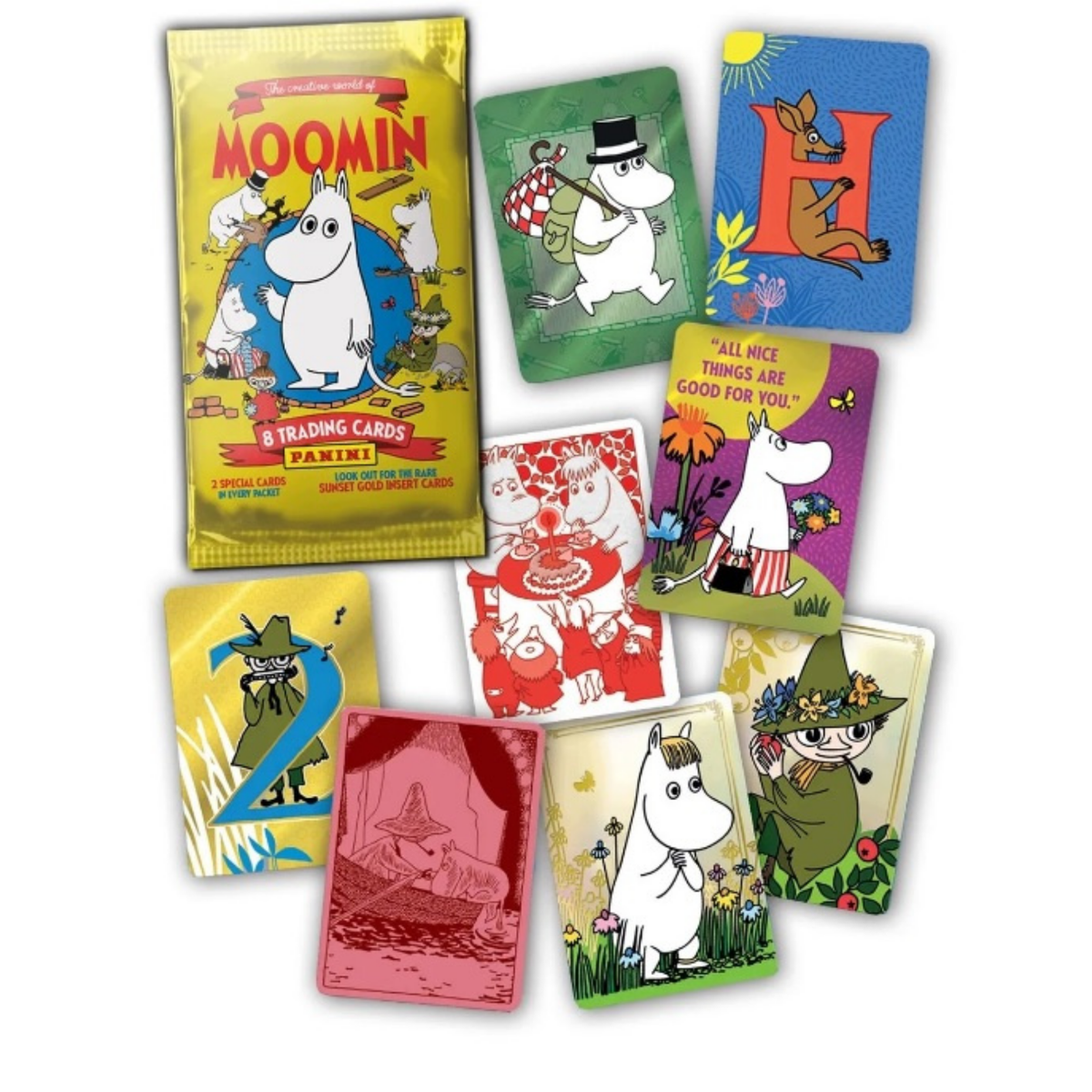 Moomin TC Mega Starter Pack 2026 with various colorful trading cards and a packaging featuring Moomin characters.