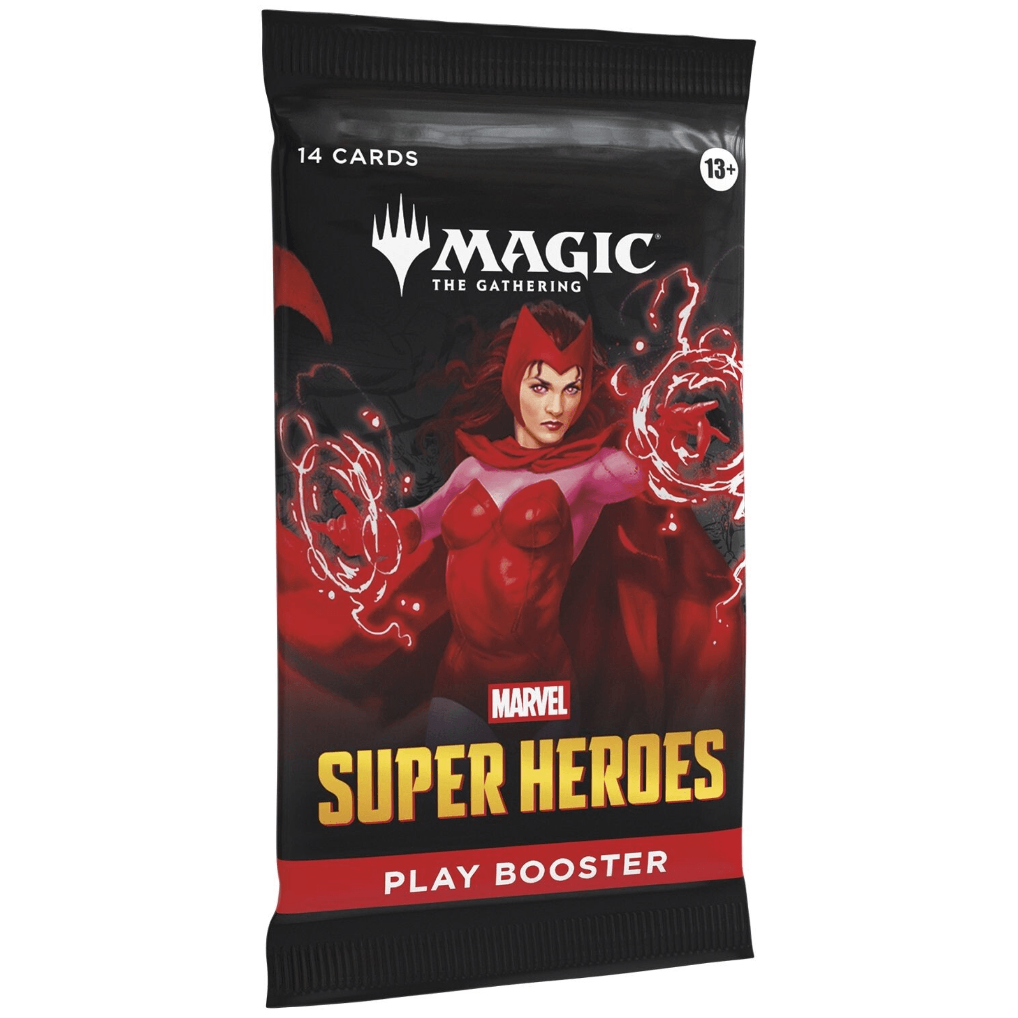 Marvel Super Heroes Magic The Gathering boosters play booster packaging featuring a superhero character.