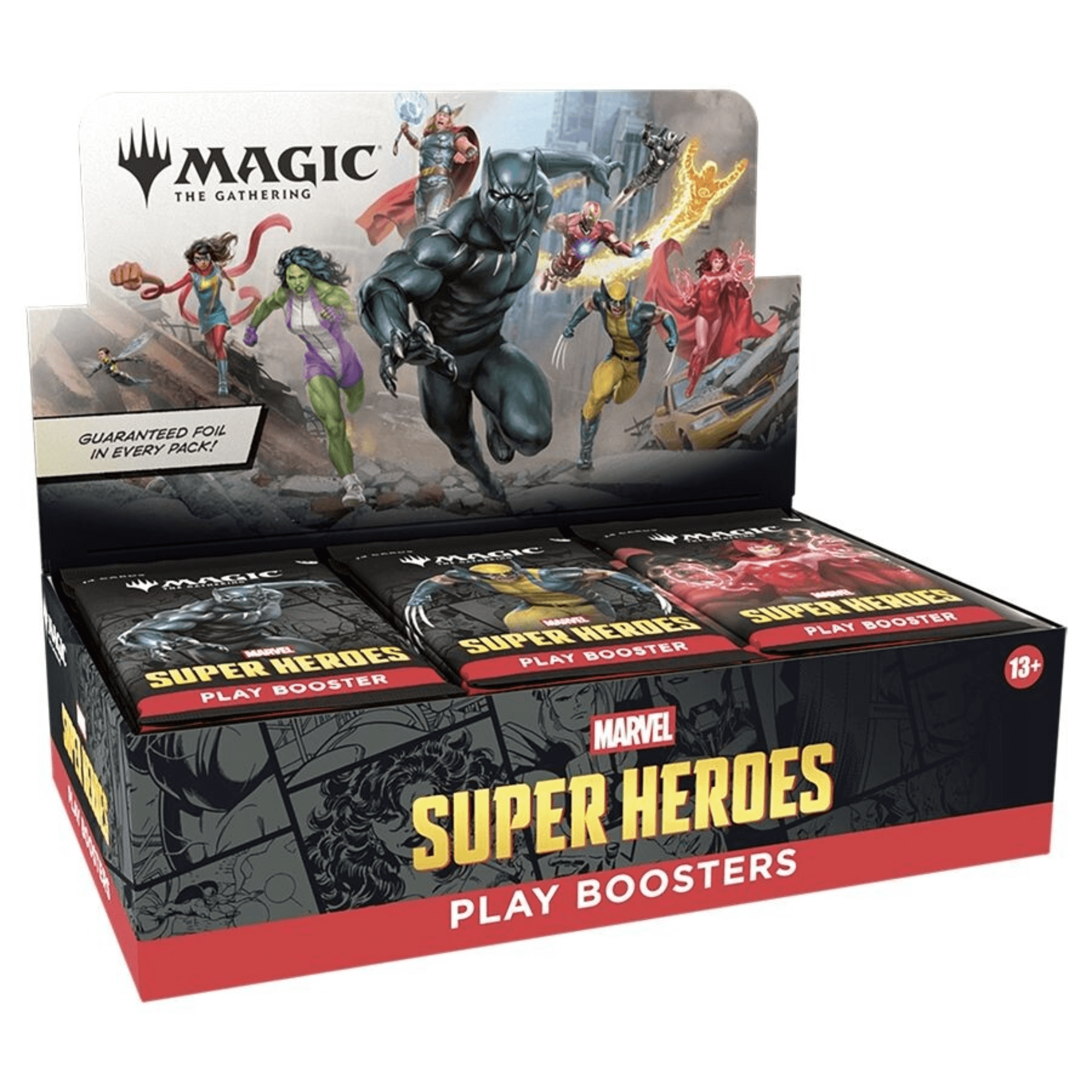 Marvel Super Heroes Magic The Gathering boosters Play Booster Display with 30 booster packs.