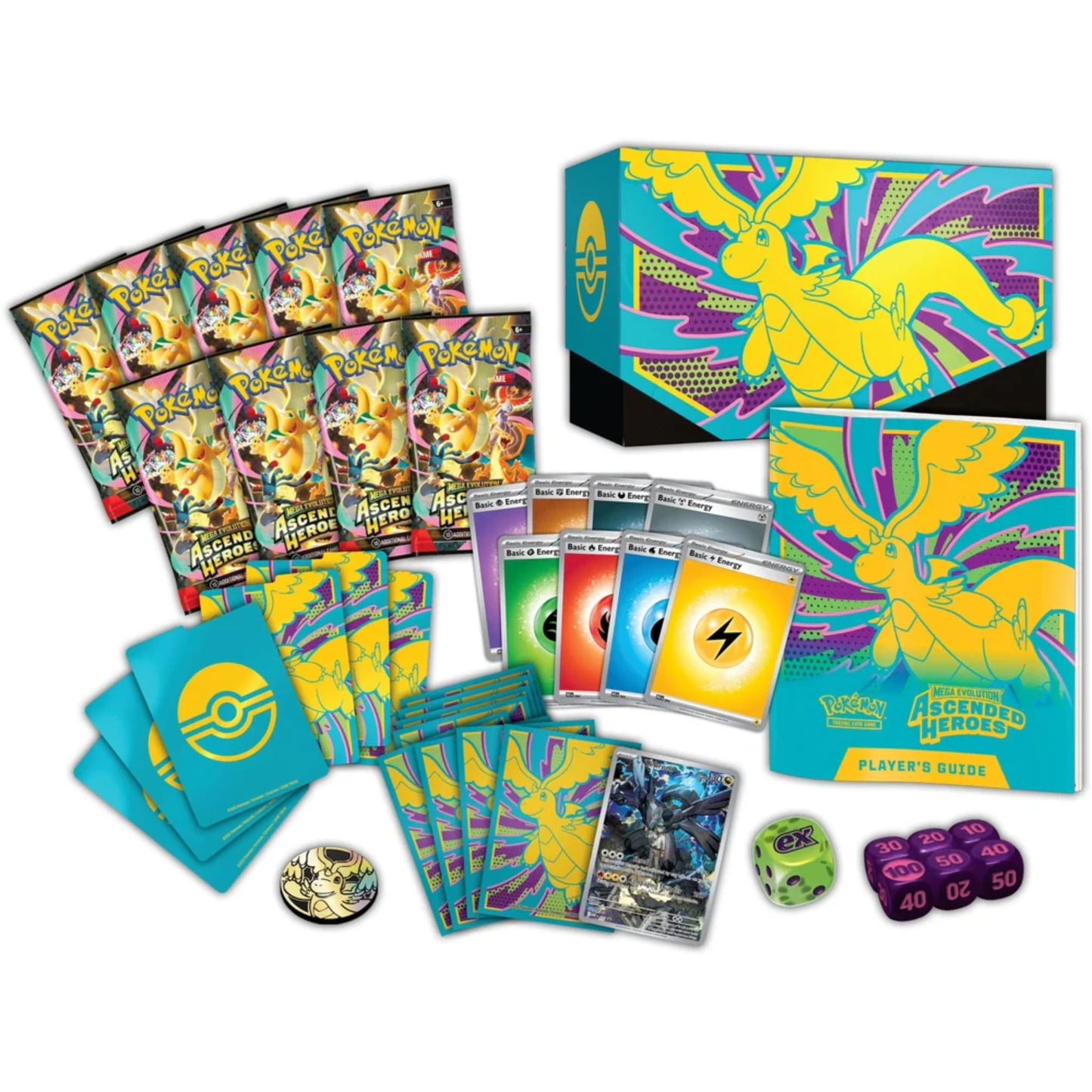 Pokemon Mega Evolution: Ascended Heroes Elite Trainer Box with booster packs, cards, and accessories.