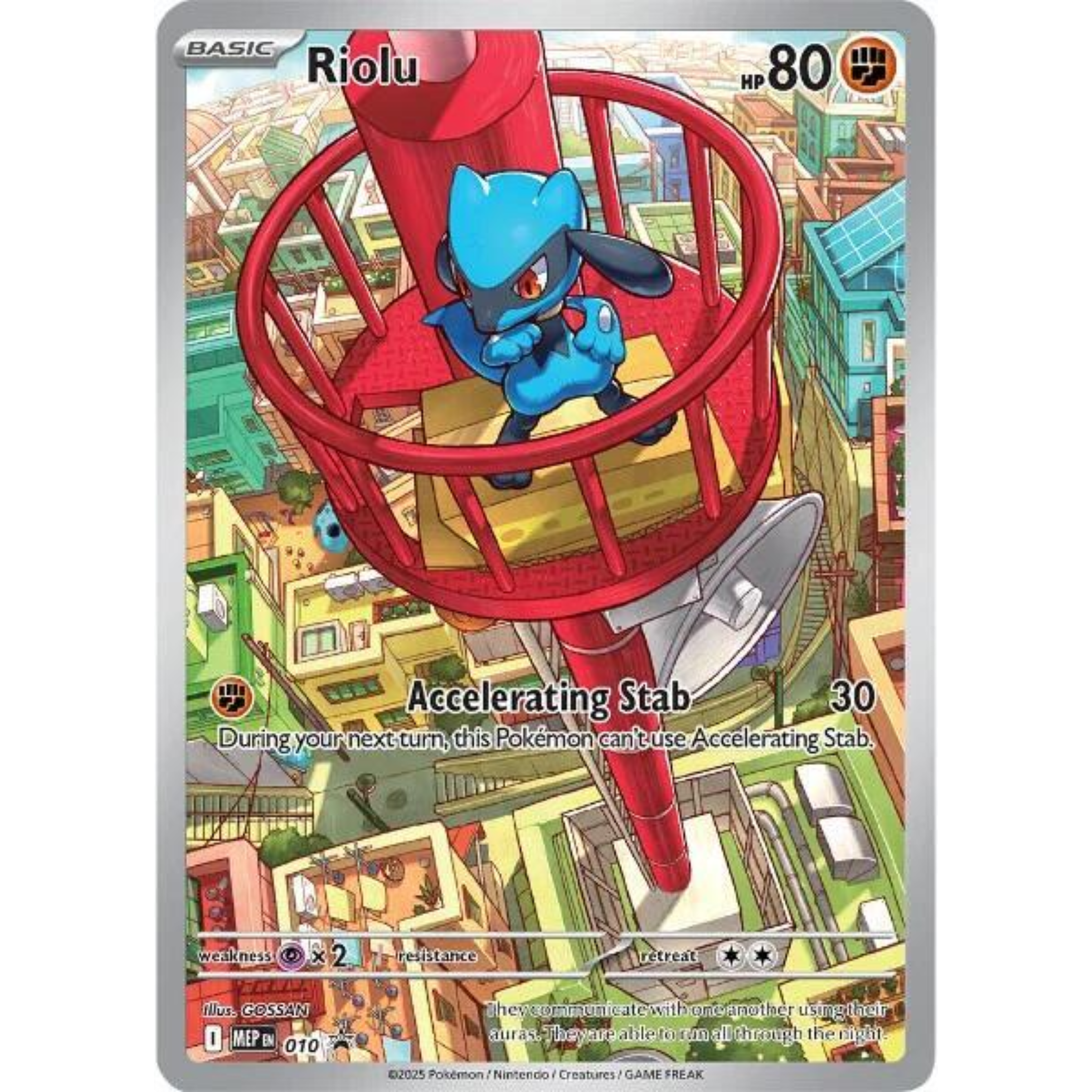 Riolu ME 010 Promo kort med illustrasjon av Riolu i Mega Evolution, NM tilstand, levert sealed i plast.