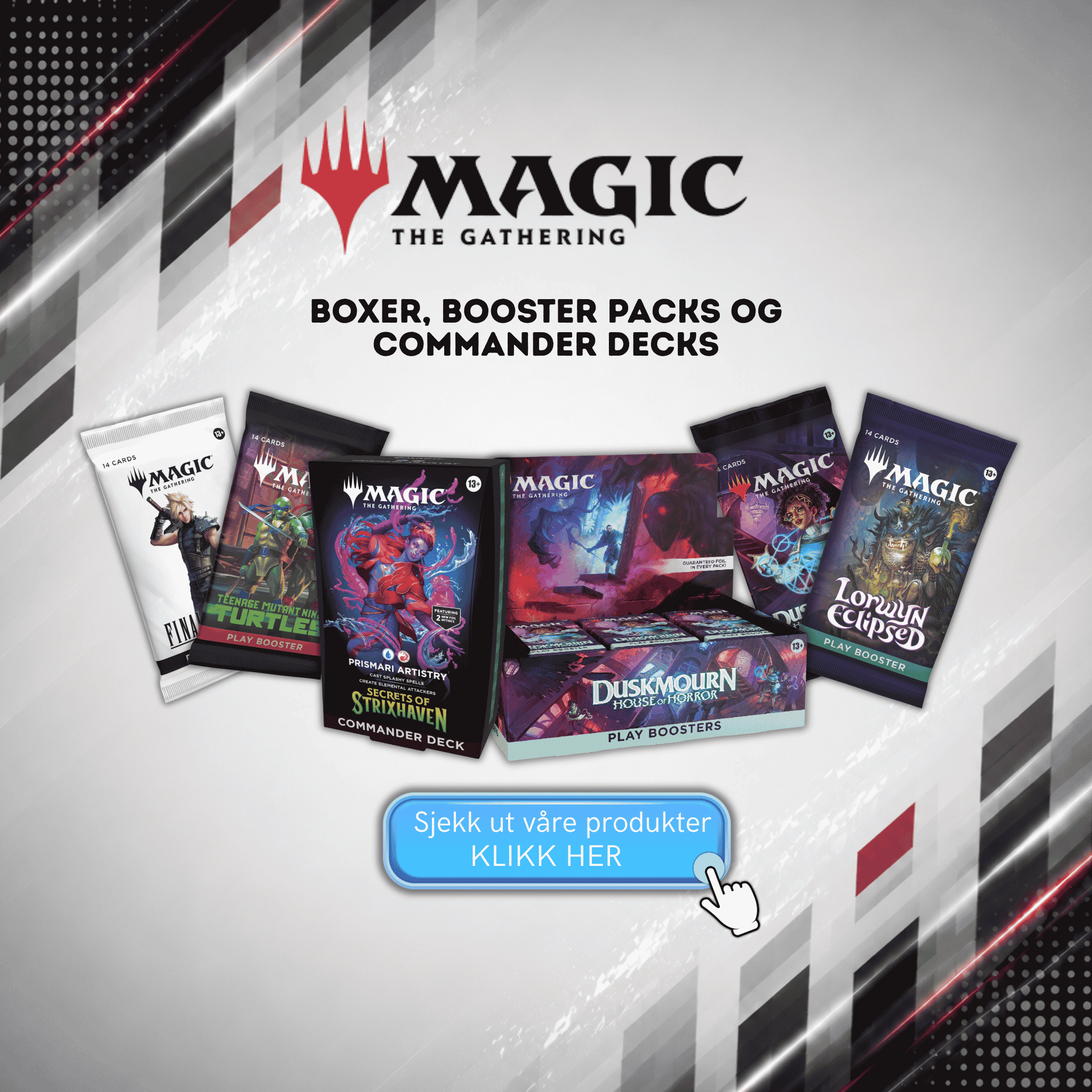 Kjøp Magic The Gathering kort, boosterpakker, booster displays og Commander decks hos EpiCards. Rask levering i Norge og stort utvalg av Magic produkter.