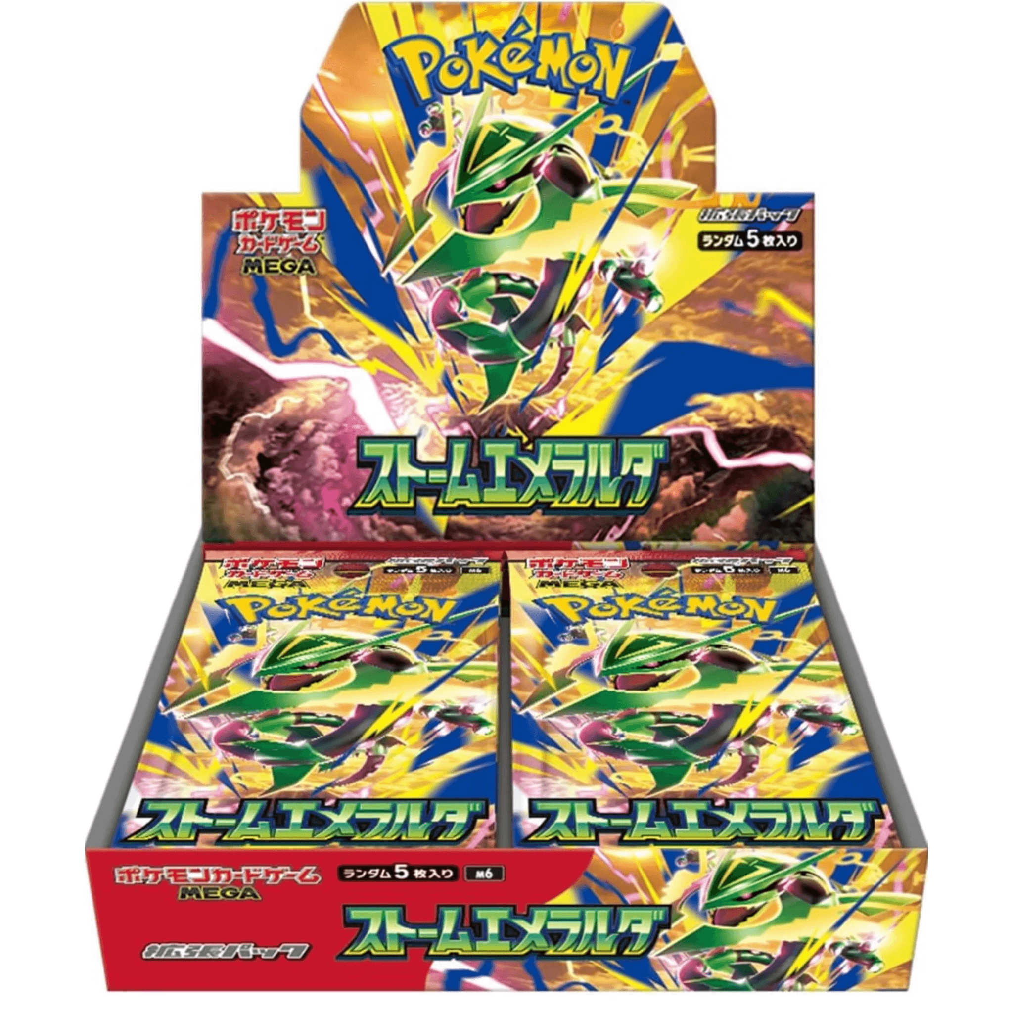 Pokemon Storm Emeralda Japansk Booster Box med Mega Rayquaza på forsiden, perfekt for samlere.