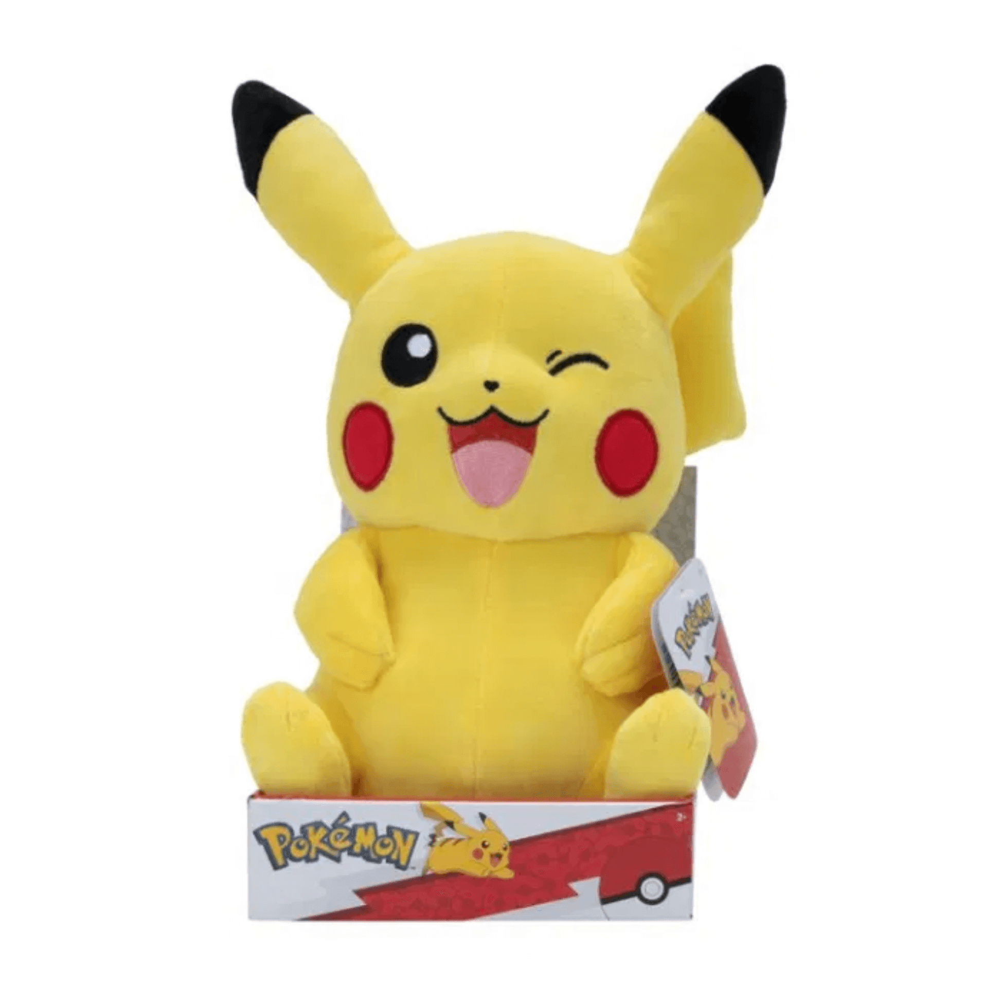 Pokémon Plush 30 cm – Pikachu sittende i eske med smilende ansikt og uttrykksfulle ører.