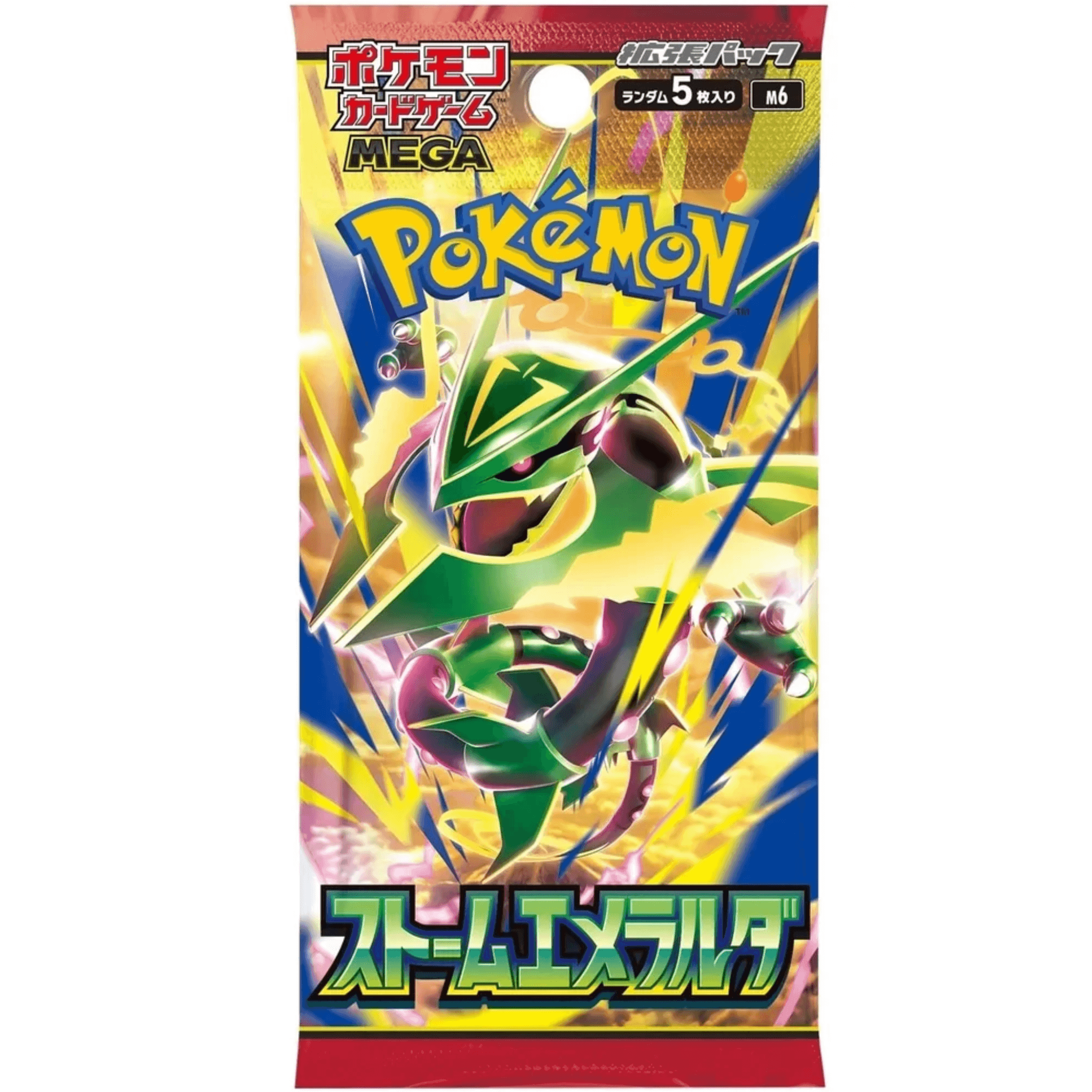 Pokemon Storm Emeralda Japansk Booster Box packaging featuring Mega Rayquaza on a colorful background.