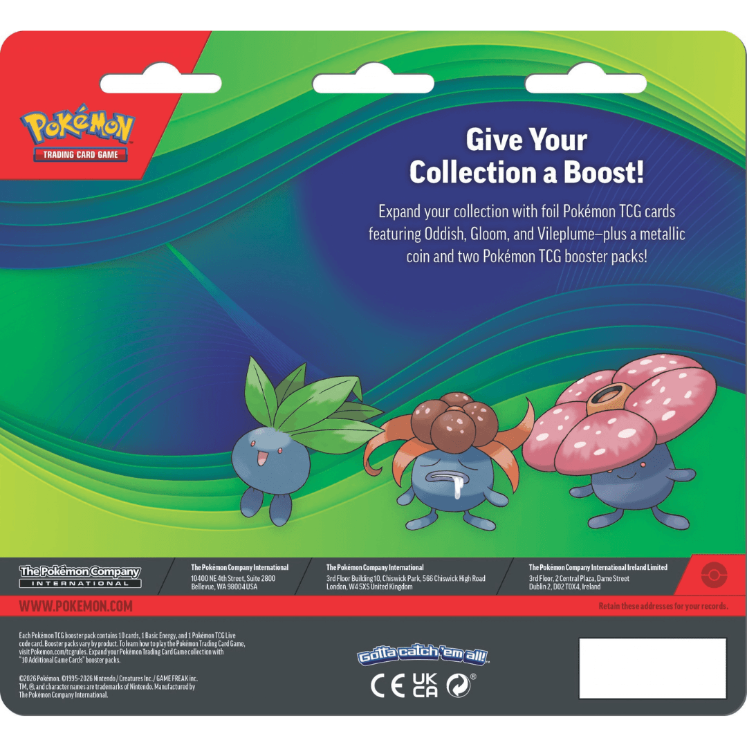 Pokémon Mega Evolution 2-Pack Blister showcasing foil TCG cards, including Oddish, Gloom, and Vileplume.