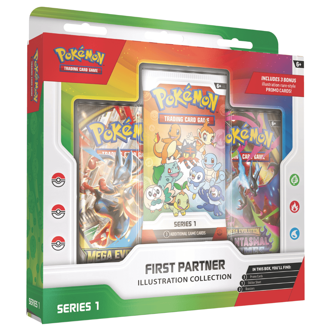 Pokémon: First Partner Illustration Collection - Series 1 trading card pack with bonus promo cards.