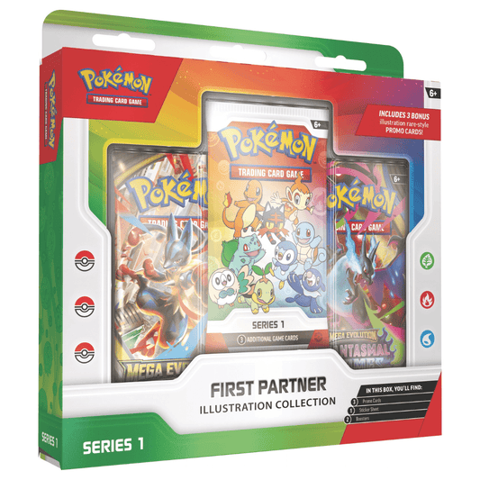 Pokémon: First Partner Illustration Collection - Series 1 trading card pack with bonus promo cards.