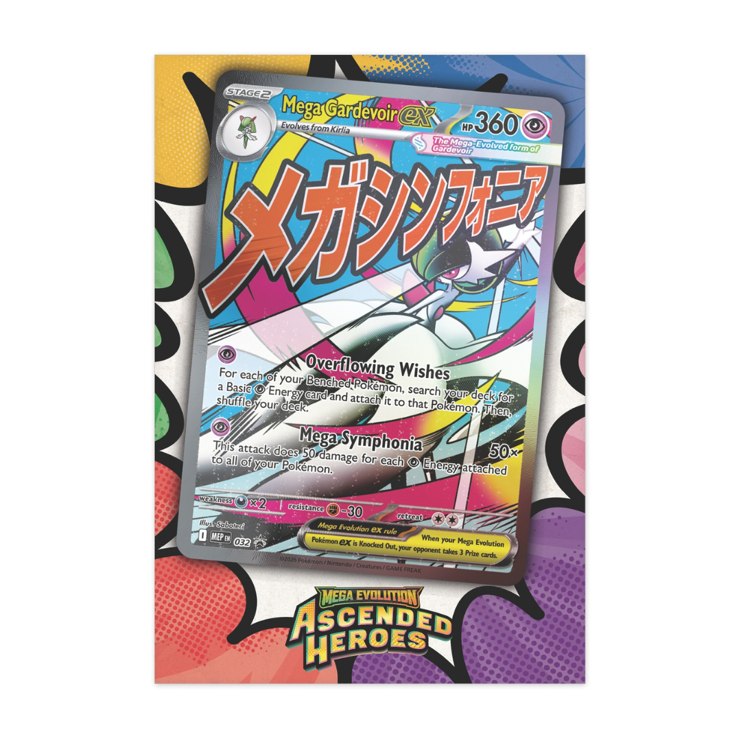 Pokémon: Mega Evolution - Ascended Heroes Premium Poster Collection - Mega Gardevoir ex card featuring special attacks.