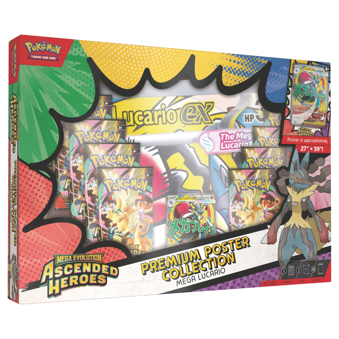 Pokémon: Ascended Heroes Premium Poster Collection - Mega Lucario ex featuring promo cards and a large poster.