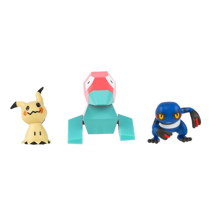 Pokemon battle figures Mimikyu Porygon Croagunk displayed in a set, showcasing unique designs and features.