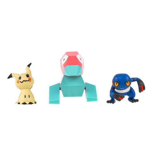 Pokemon battle figures Mimikyu Porygon Croagunk displayed in a set, showcasing unique designs and features.