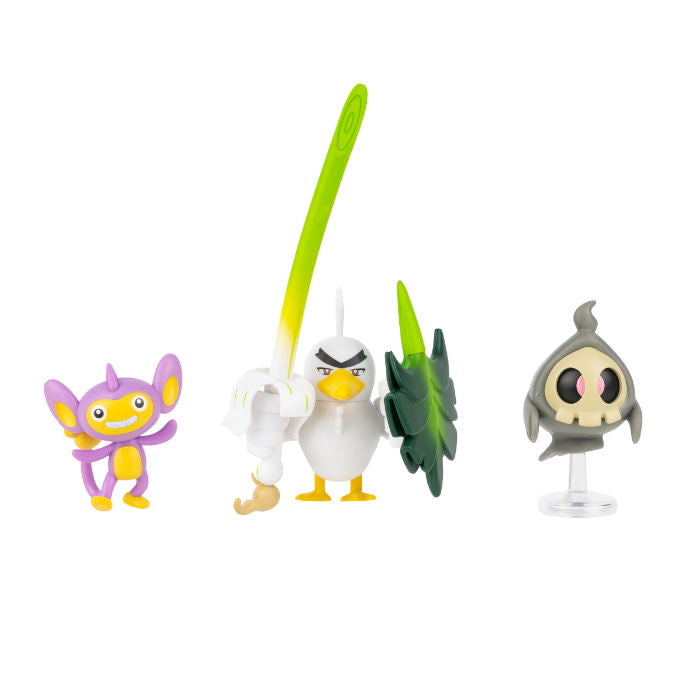 Pokemon battle figures Aipom Sirfetch’d Duskull including Aipom, Sirfetch’d with a leek sword, and Duskull.