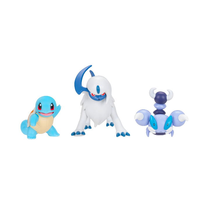 Pokemon Battle Figure 3 Pk - Squirtle Absol & Skorupi figurene sammensatt i en gruppe.