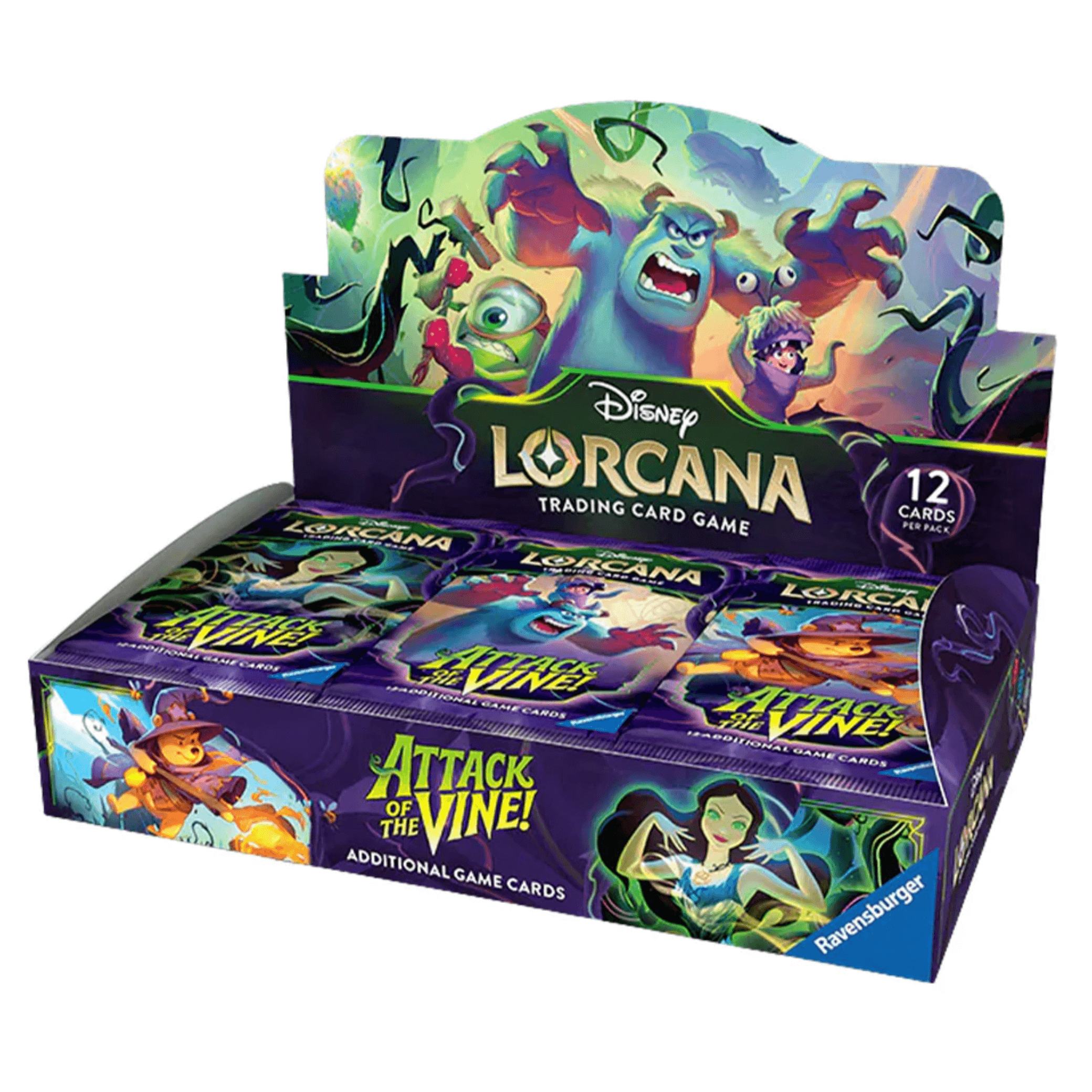 Disney Lorcana Attack of the Vine booster display featuring card packs and vibrant artwork.