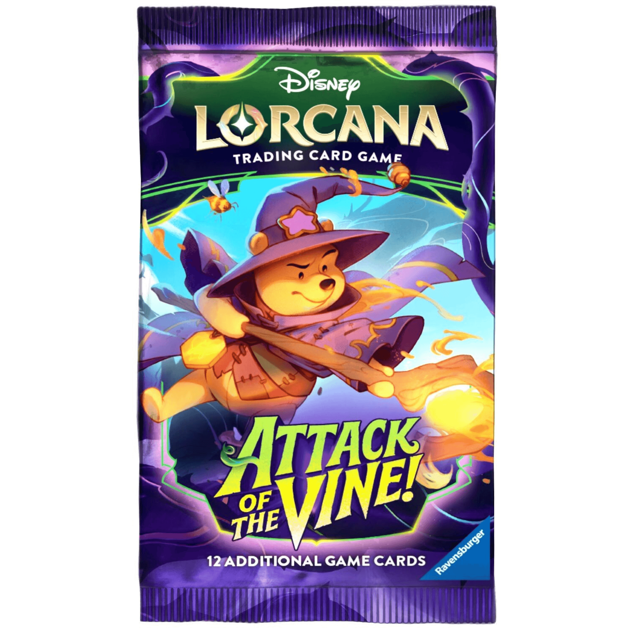 Disney Lorcana Attack of the Vine booster display packaging featuring a magical character and 12 additional game cards.