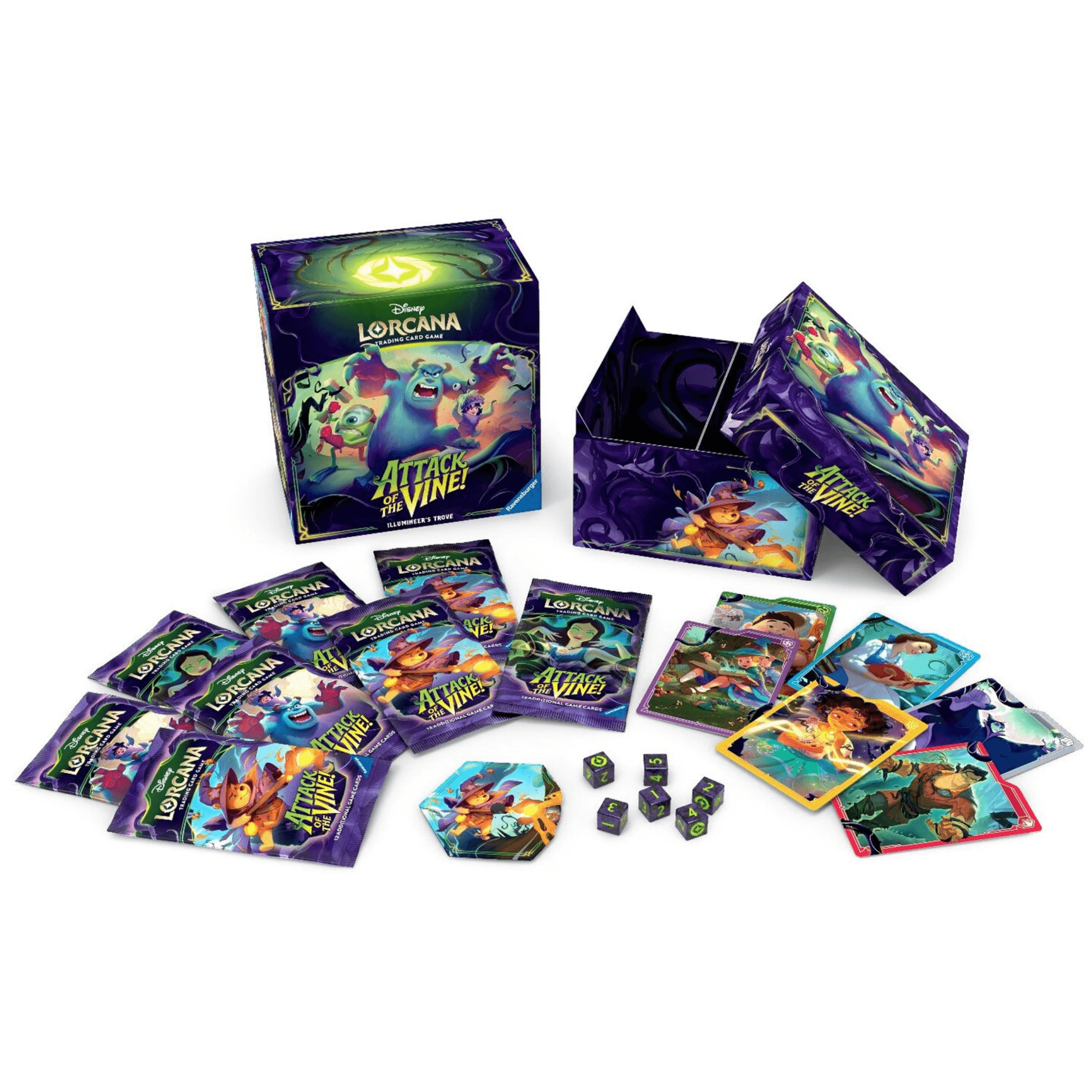 Disney Lorcana Illumineer's Trove set with booster packs, exclusive storage box and game accessories.