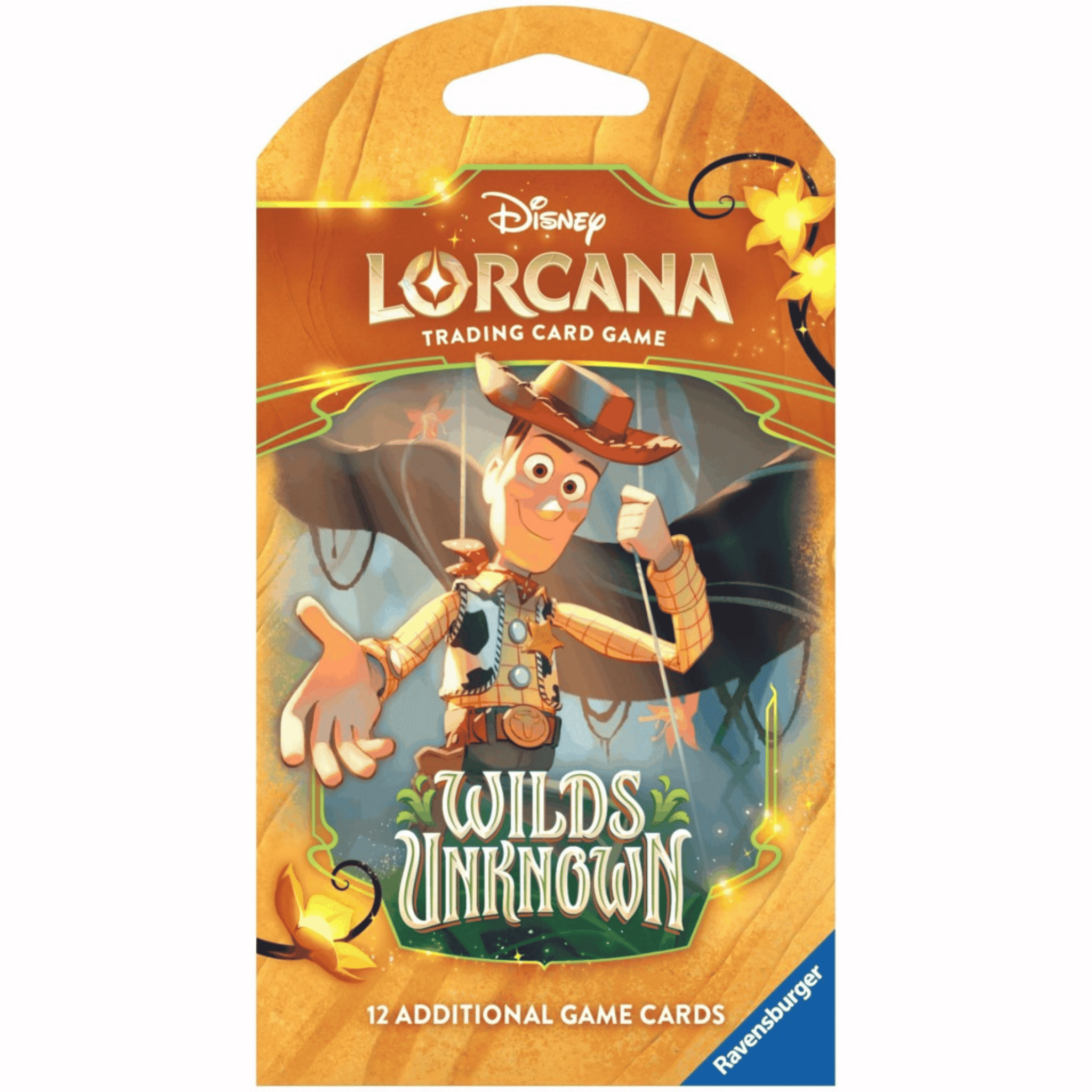 Disney Lorcana: Wilds Unknown - Sleeved Booster featuring Woody and the game card design.