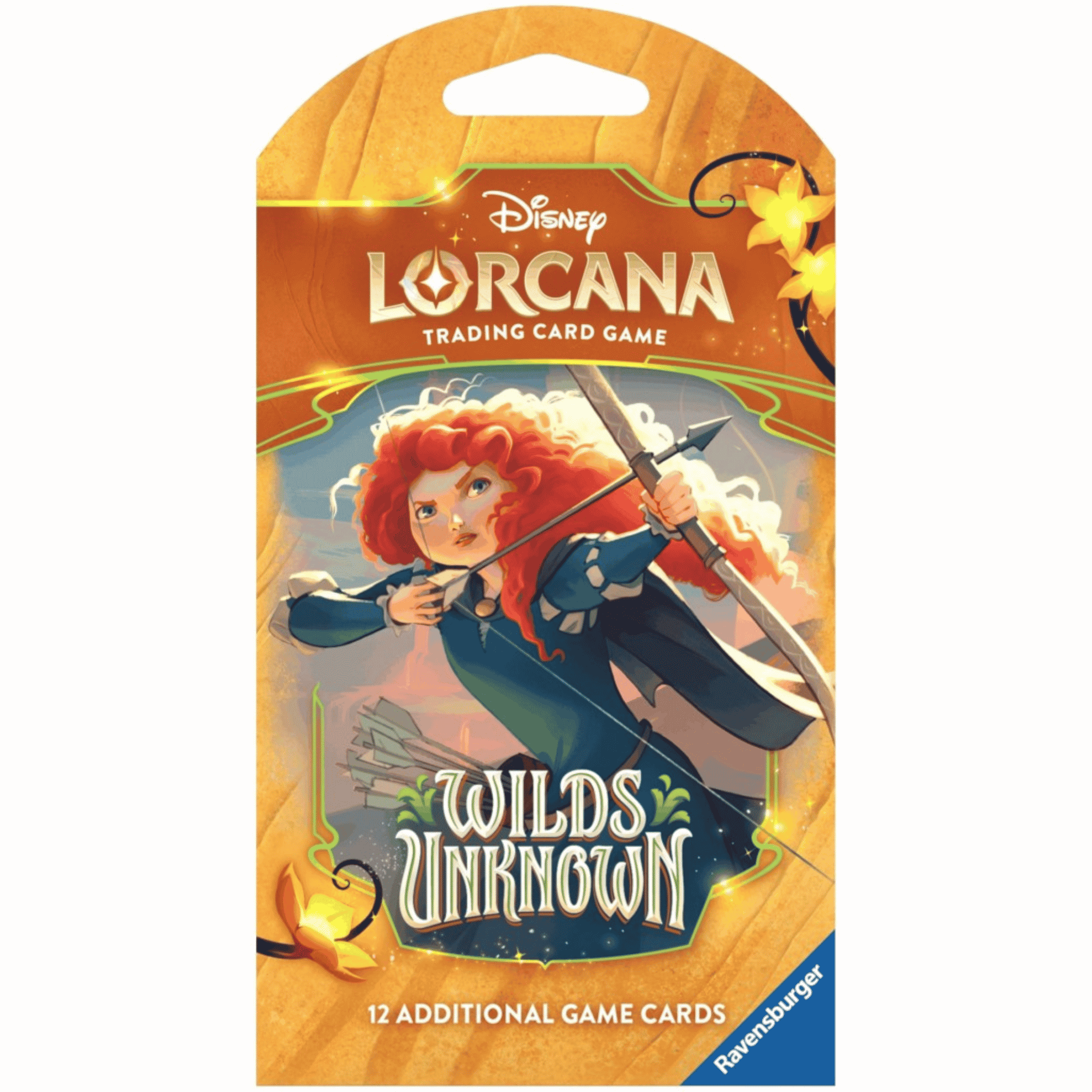 Disney Lorcana: Wilds Unknown - Sleeved Booster packaging featuring a character with a bow and arrow, 12 additional game cards.
