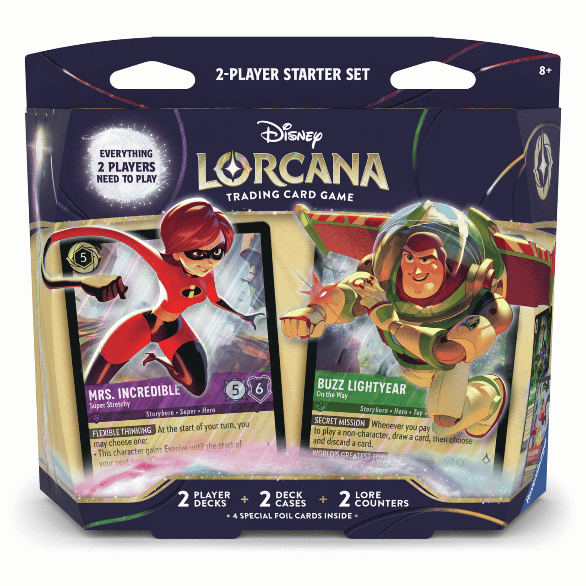 Disney Lorcana: Wilds Unknown - 2 player Starter Set featuring Mrs. Incredible and Buzz Lightyear trading cards.