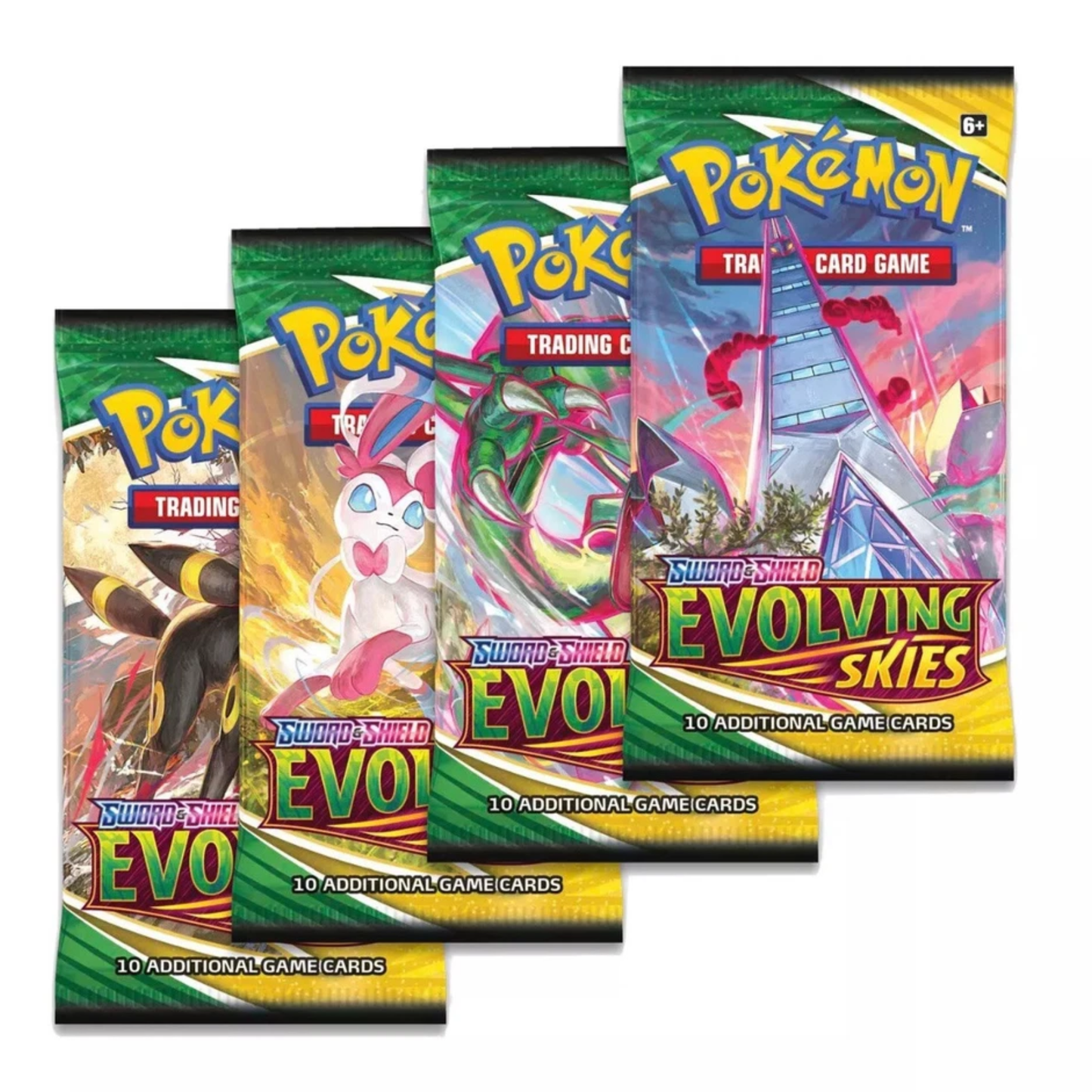 Pokémon Evolving Skies Booster Pakke med fire booster pakker fra Sword & Shield serien, hver med 10 kort.