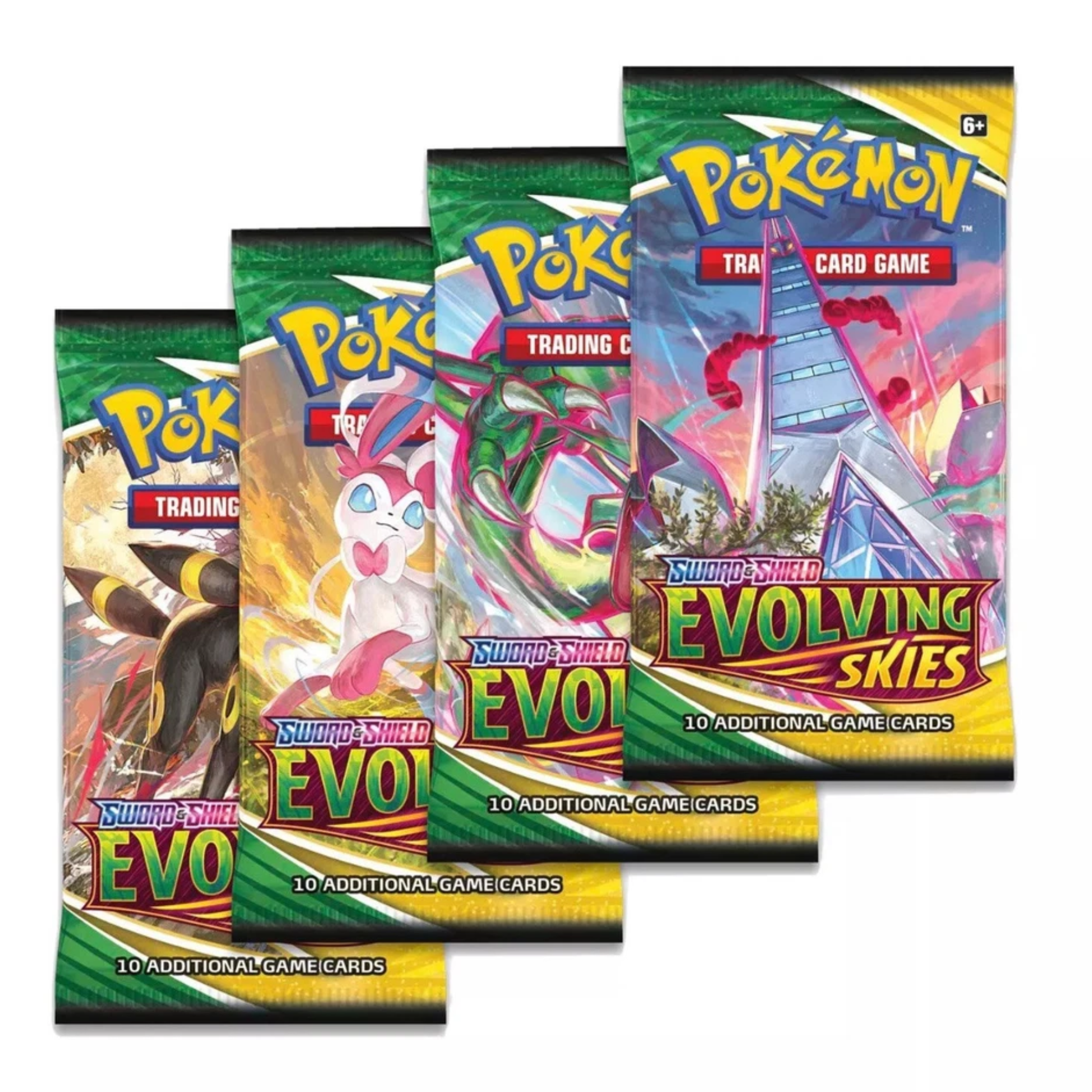 Pokémon Evolving Skies Booster Pakke med fire booster pakker fra Sword & Shield serien, hver med 10 kort.