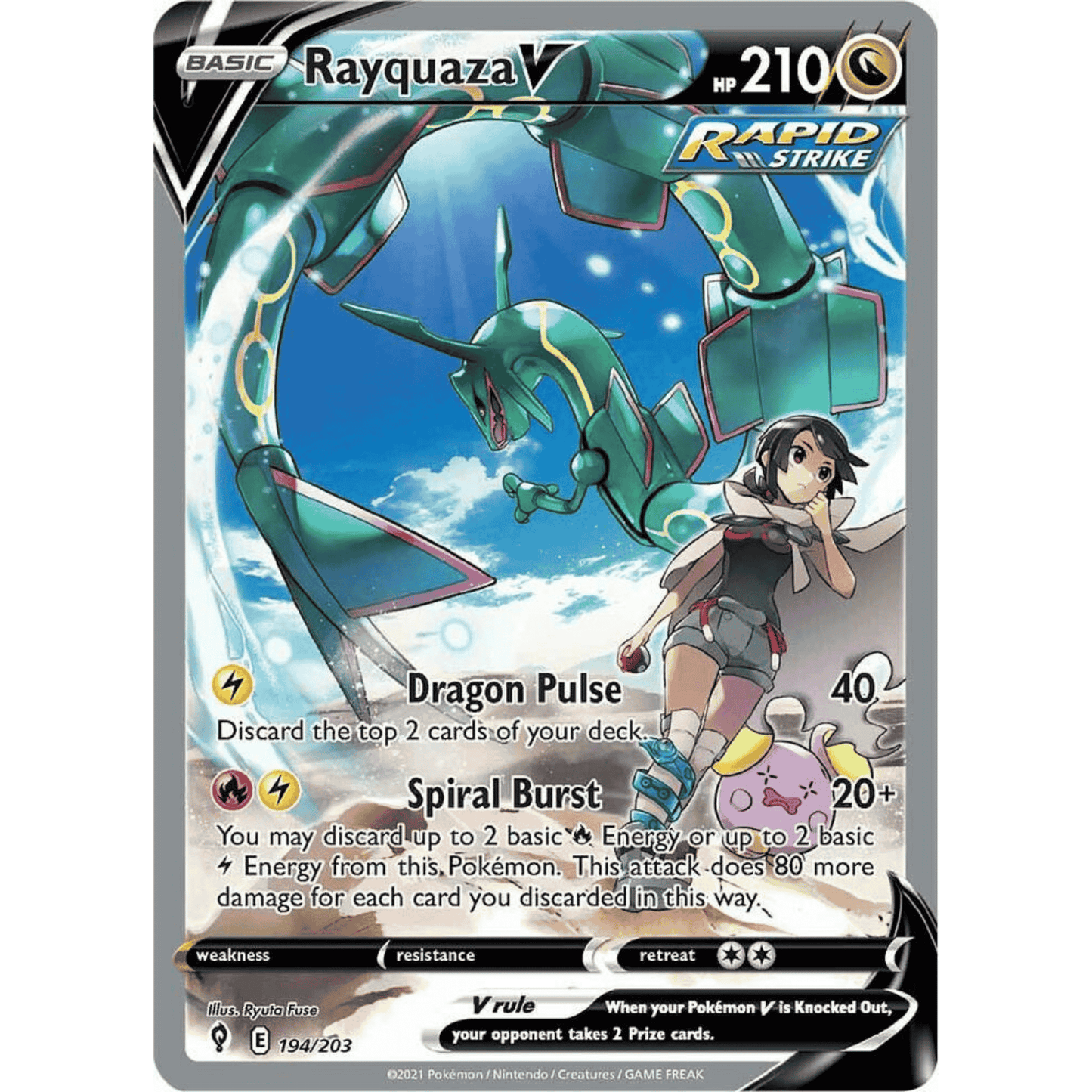 Rayquaza V card from Pokémon Evolving Skies Booster Pakke featuring Dragon Pulse and Spiral Burst attacks.
