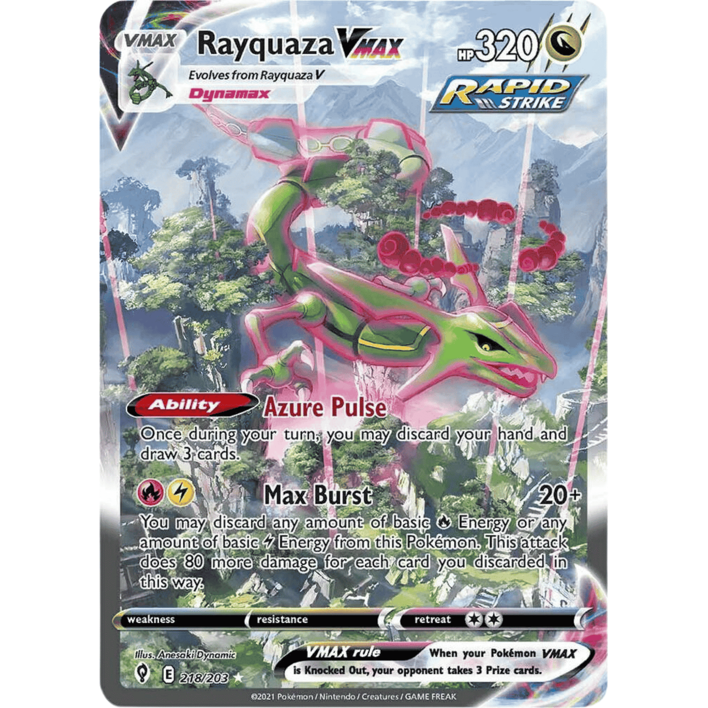 Pokémon Evolving Skies Booster Pakke featuring Rayquaza VMAX card with Azure Pulse ability.