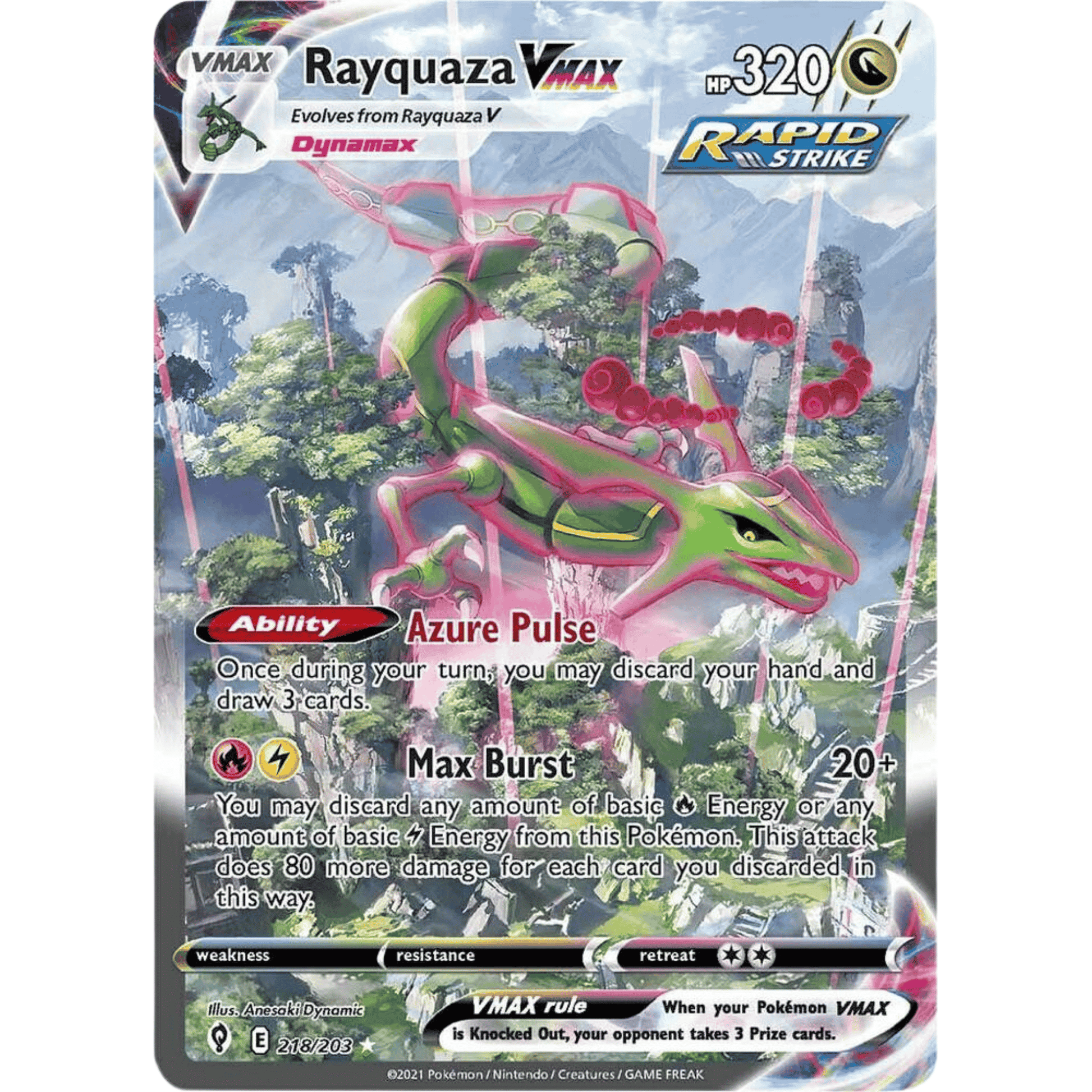Pokémon Evolving Skies Booster Pakke featuring Rayquaza VMAX card with Azure Pulse ability.