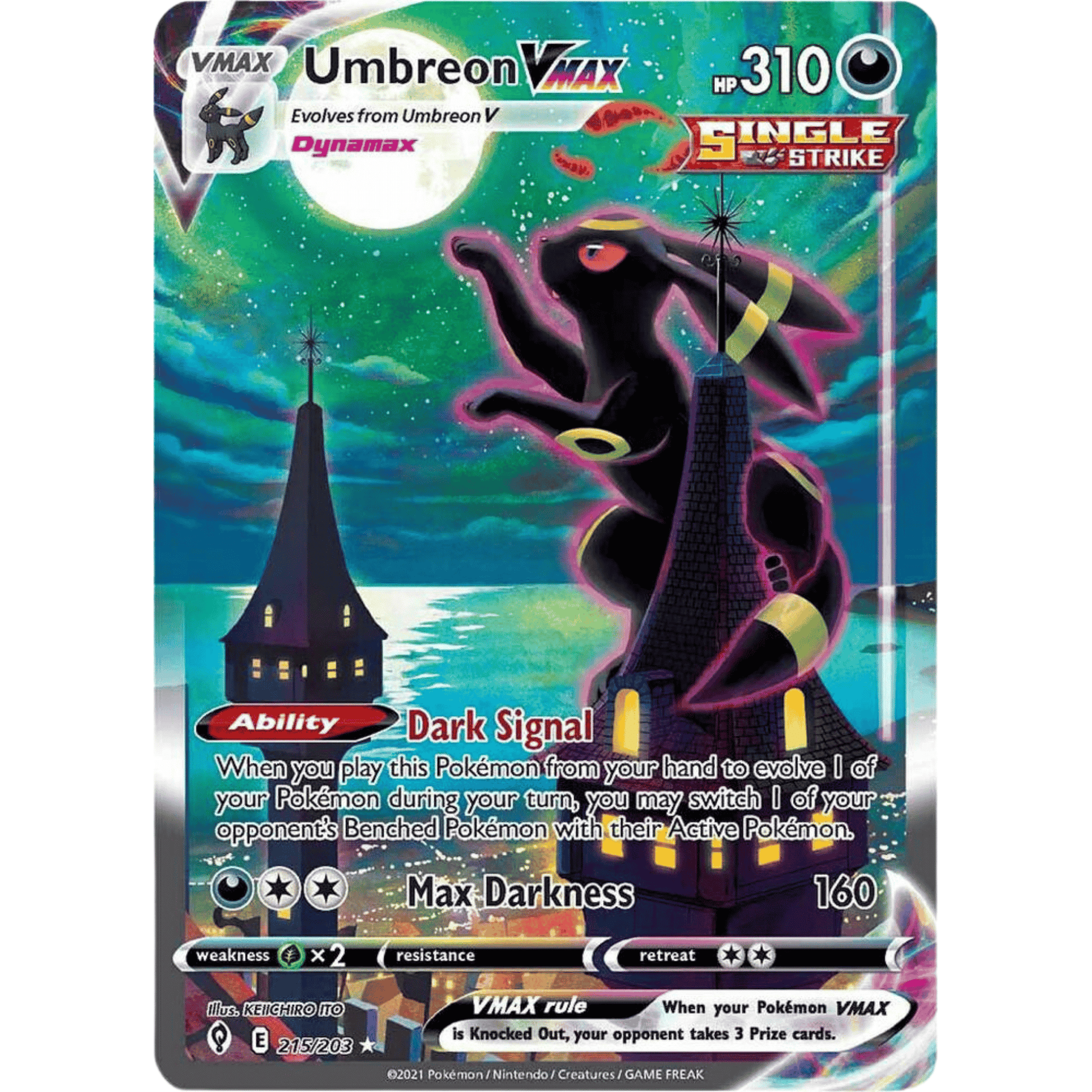Illustration of Umbreon VMAX card from Pokémon Evolving Skies Booster Pakke, showcasing its abilities and artwork.