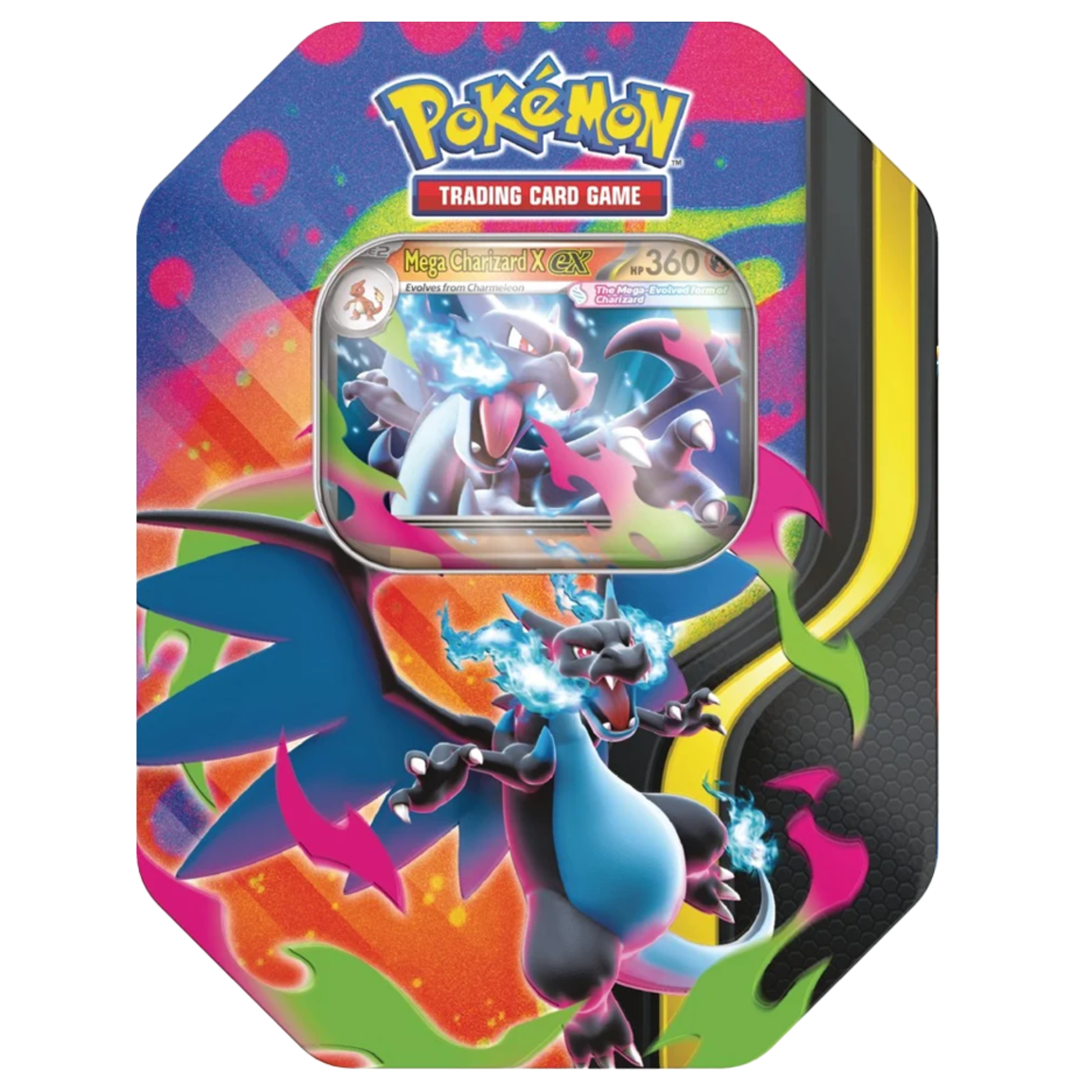 Poke Tin Spring 2026: Mega Charizard X ( Max 1 Pr Husstand) med lysende design og Pokémon-kort.