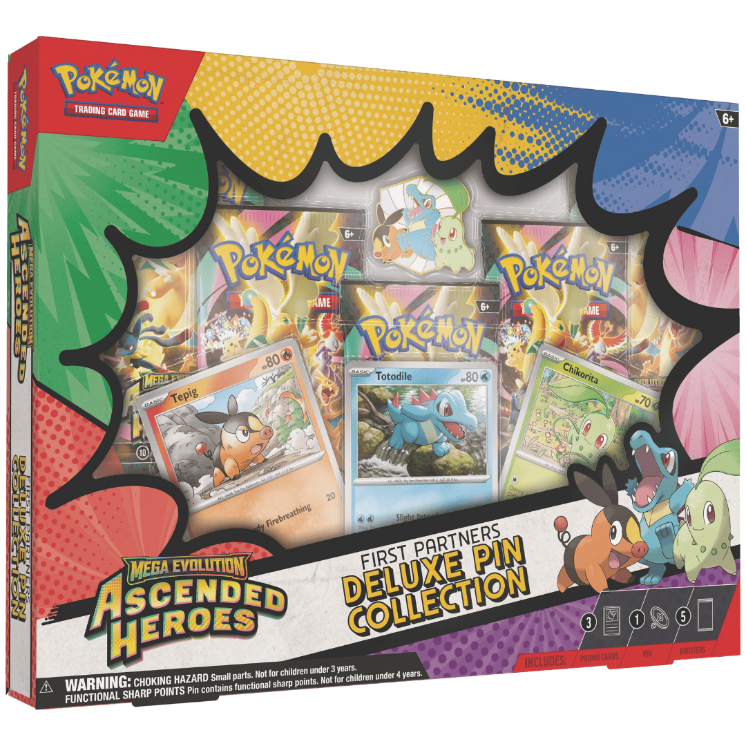 Pokemon: Ascended Heroes - First Partners Deluxe Pin Collection box featuring starter Pokémon pins and trading cards.