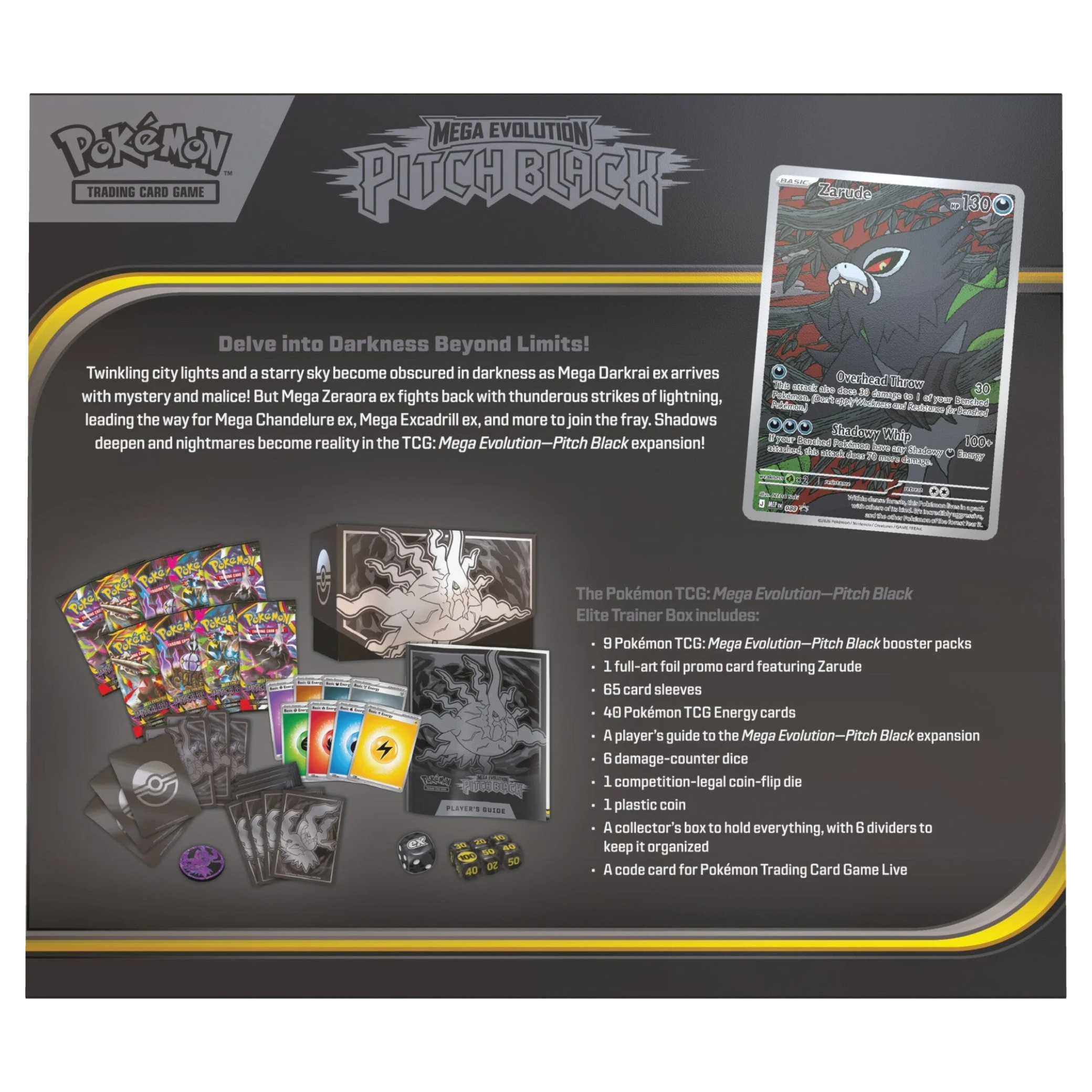 Pokemon ME05: Pitch Black Elite Trainer Box (Max 1 pr kunde) featuring Mega Darkrai ex and collectible cards.