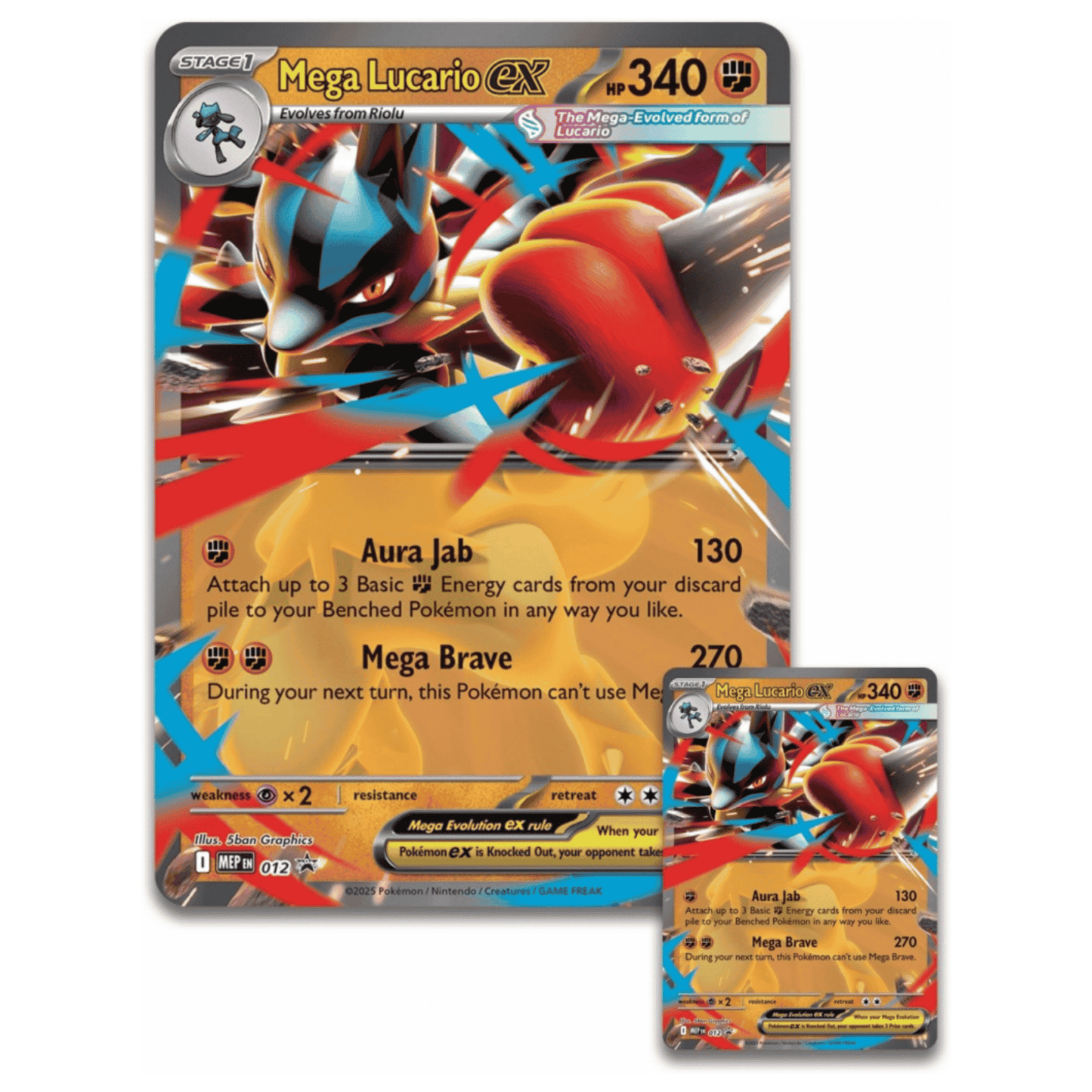 Pokemon Mega Lucario EX Figure Collection featuring Mega Lucario EX card, showcasing powerful moves Aura Jab and Mega Brave.