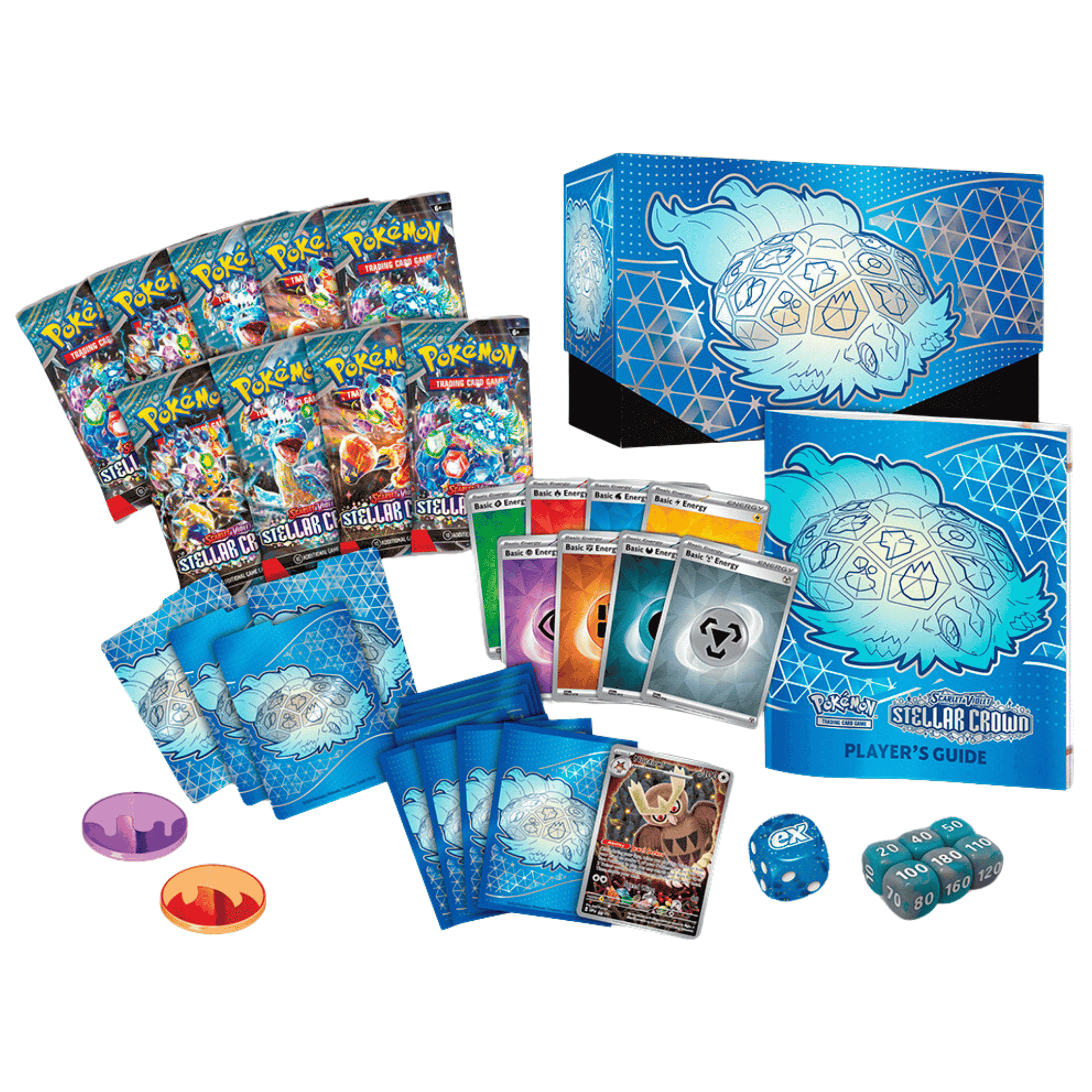 Pokemon Stellar Crown Elite Trainer Box med samlekort og tilbehør innhold