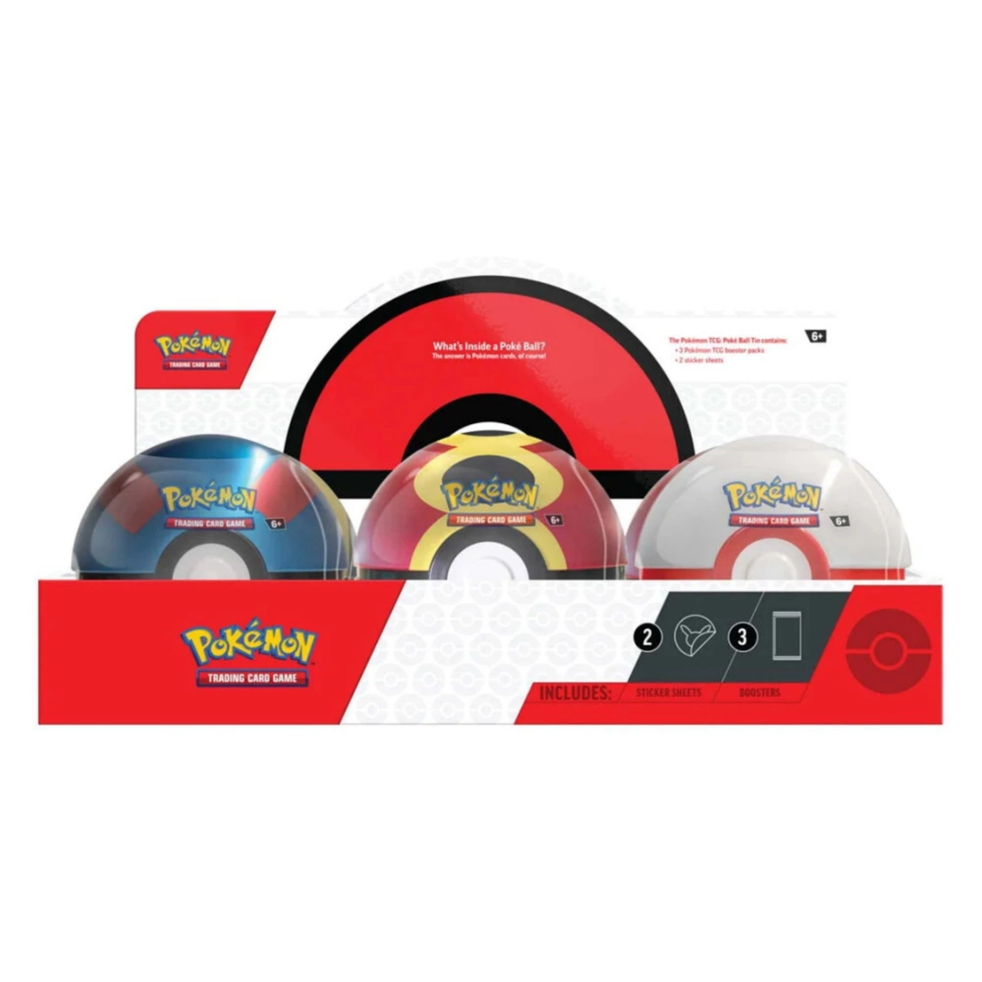 Pokemon: Poké Ball Tin 2025 with three Pokémon TCG booster packs and a Poké Ball design.
