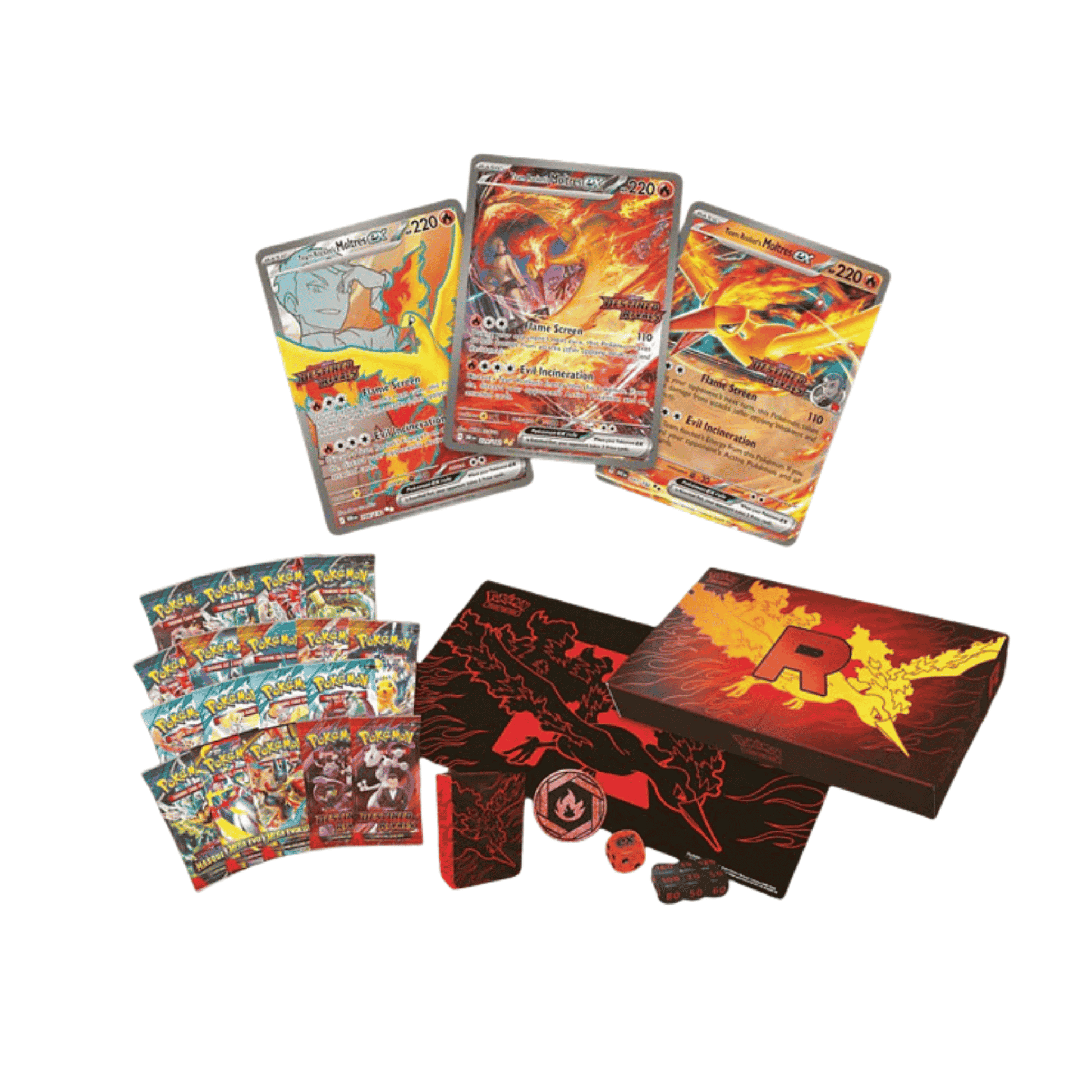 Team Rocket's Moltres ex Ultra Premium Collection ( Max 1 Pr Husstand) featuring cards, box, and accessories.