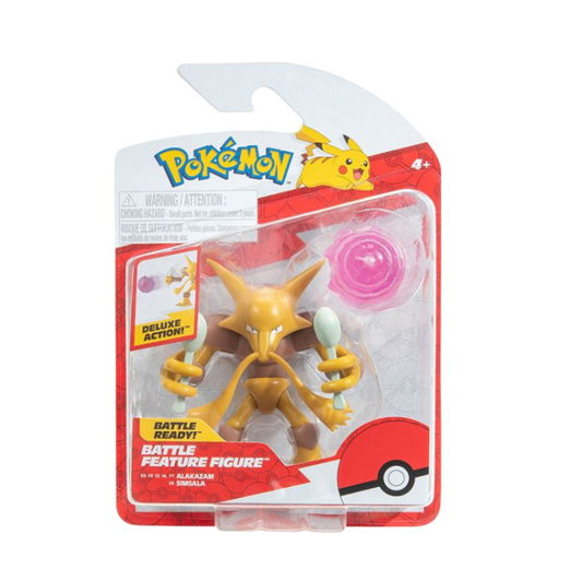 Pokemon Battle Feature Figure Alakazam packaged toy with accessories and features for collectors.