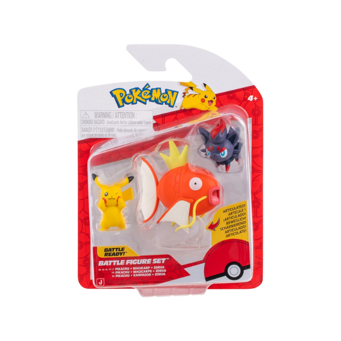 Pokemon Battle Figure 3 Pk - Pikachu Zorua & Magikarp figurines in packaging.