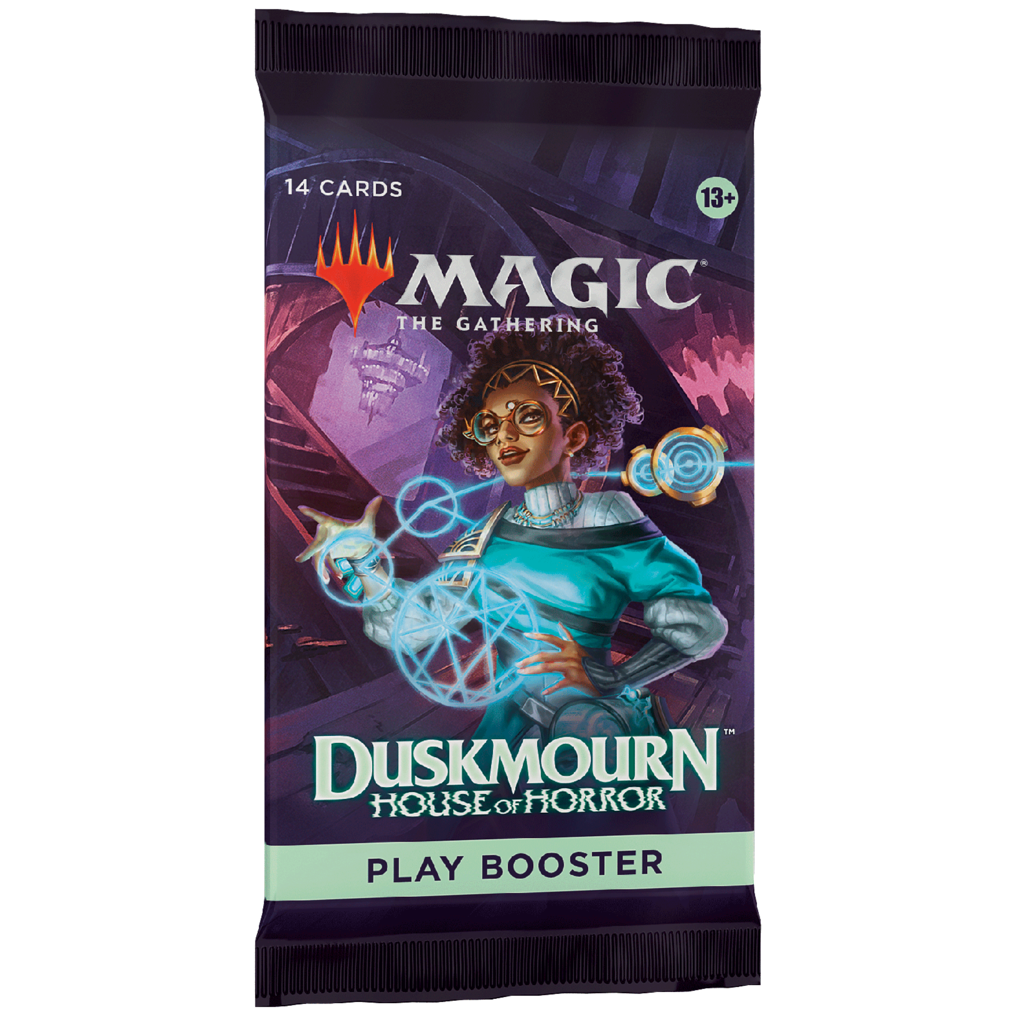Magic The Gathering - Duskmourn: House Of Horror Play Booster packaging featuring a character and mystical elements.